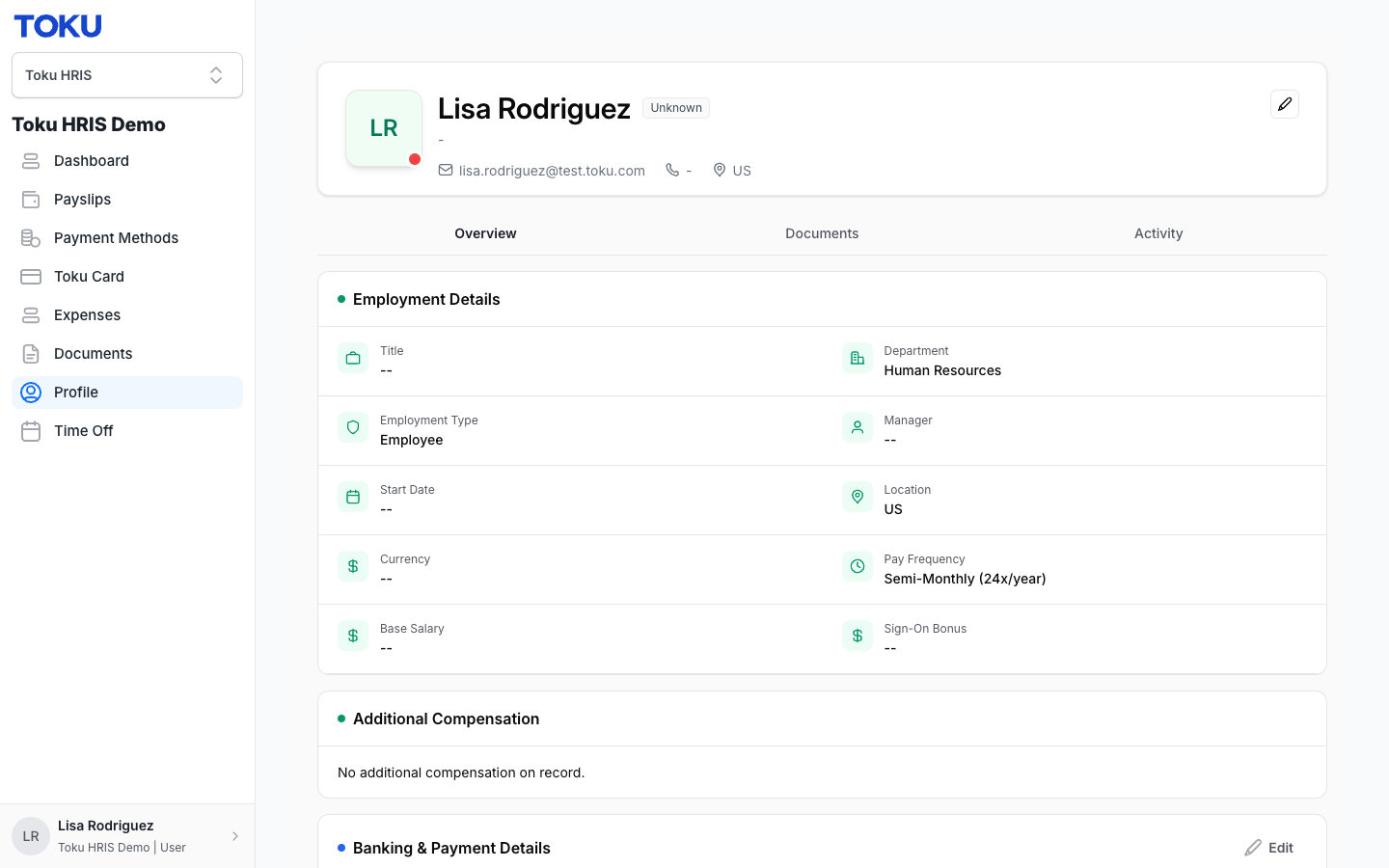 The employee's own profile (Toku HRIS Demo) shows the Additional Compensation section as read-only, with no edit, remove, or add buttons.
