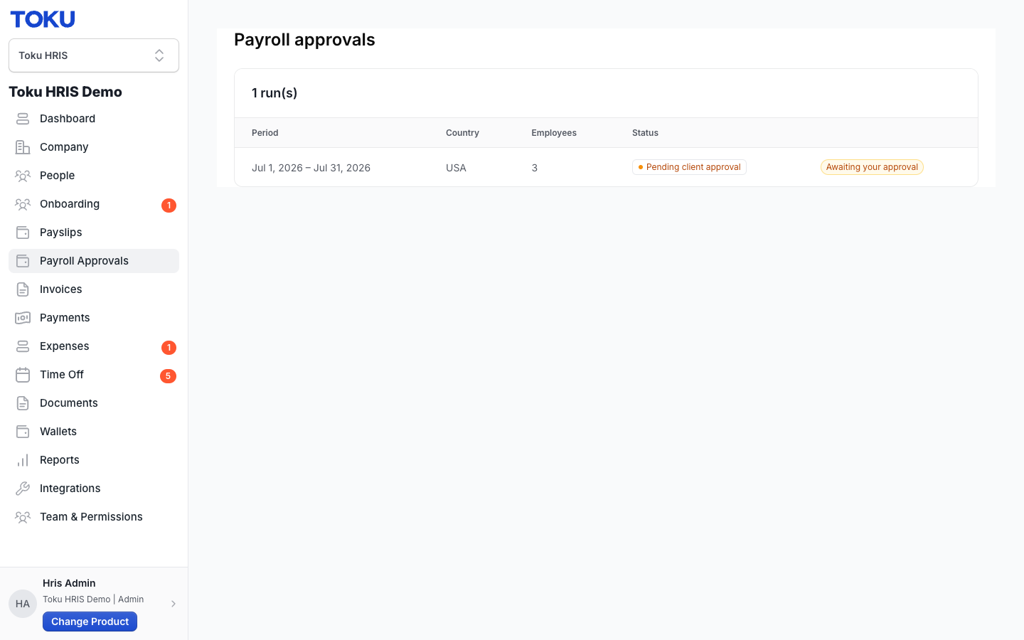 The Payroll Approvals page lists each payroll run with its period, country, employee count, and approval status.
