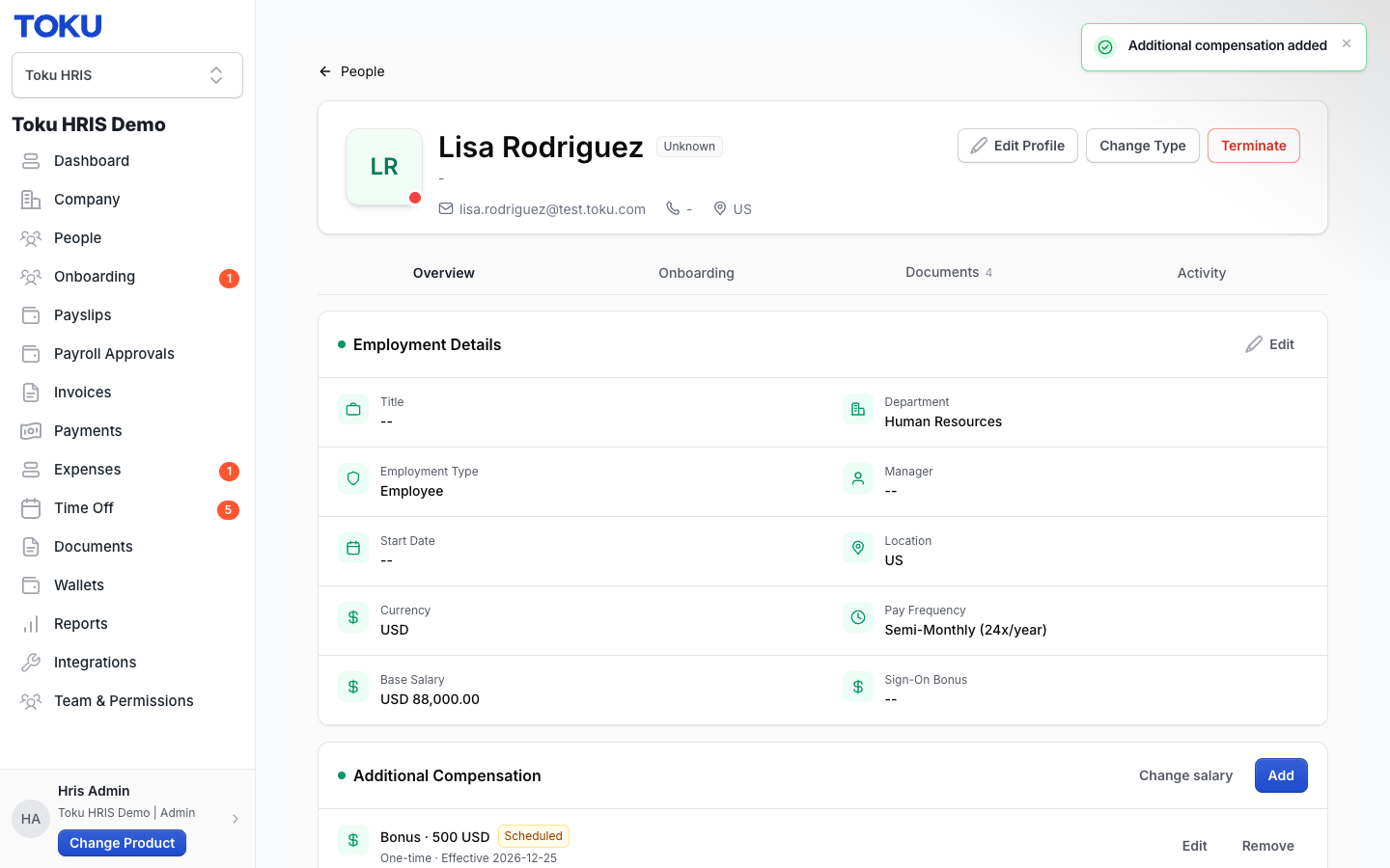 The Additional Compensation section on the admin view of a profile. A future-dated entry shows a Scheduled tag until its effective date arrives; org admins can Edit or Remove it.
