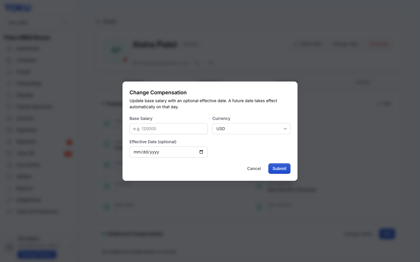 The Change Compensation dialog — the same form used to submit a salary increase of any size.