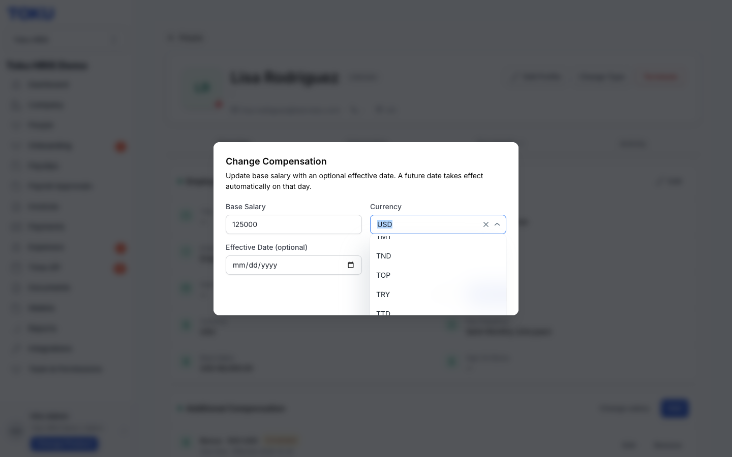 Choose the contract currency from the Currency dropdown.