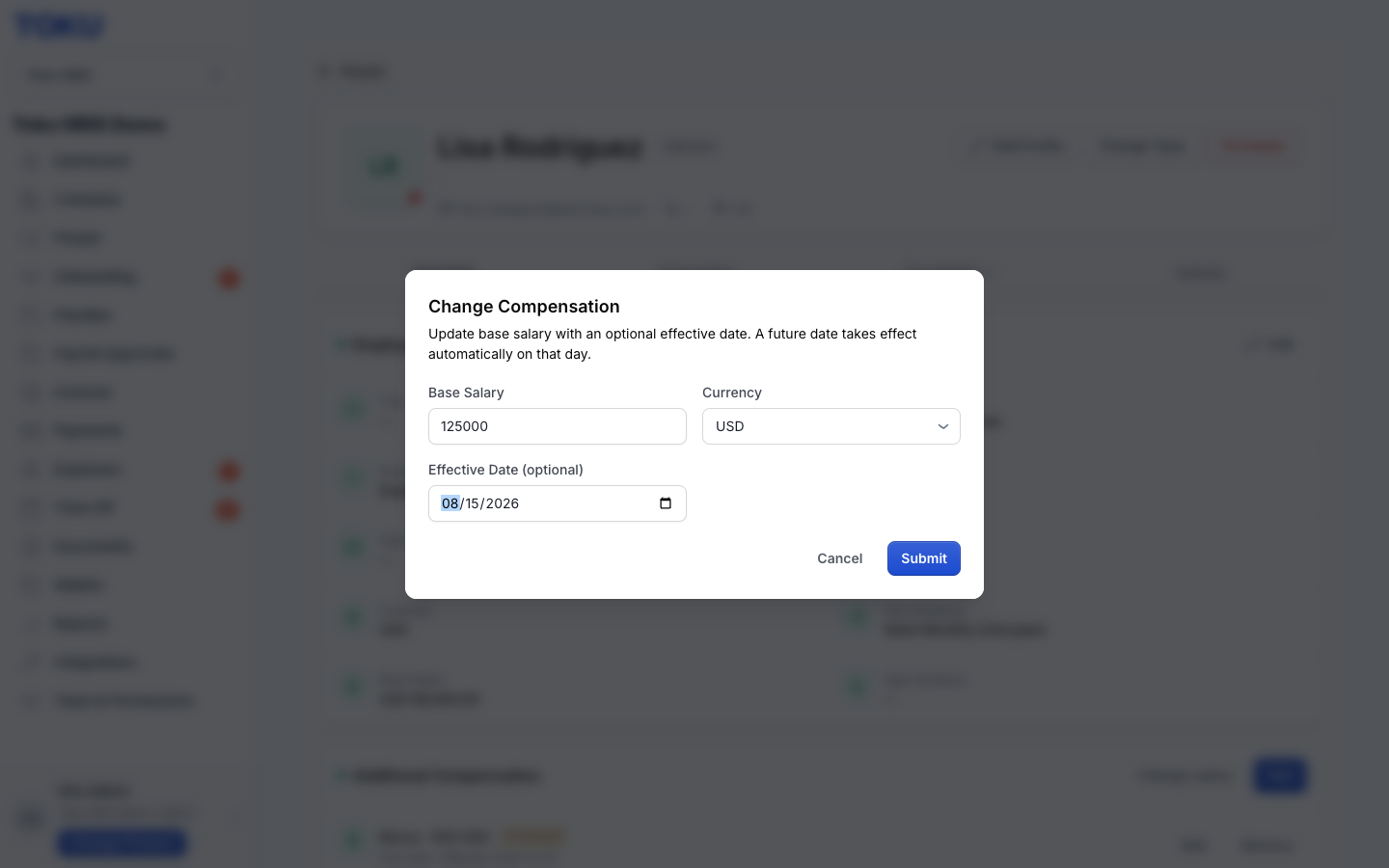 Optionally set the date the salary change takes effect.