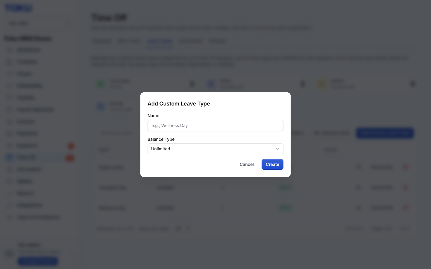 The Add Custom Leave Type dialog with Name and Balance Type fields.