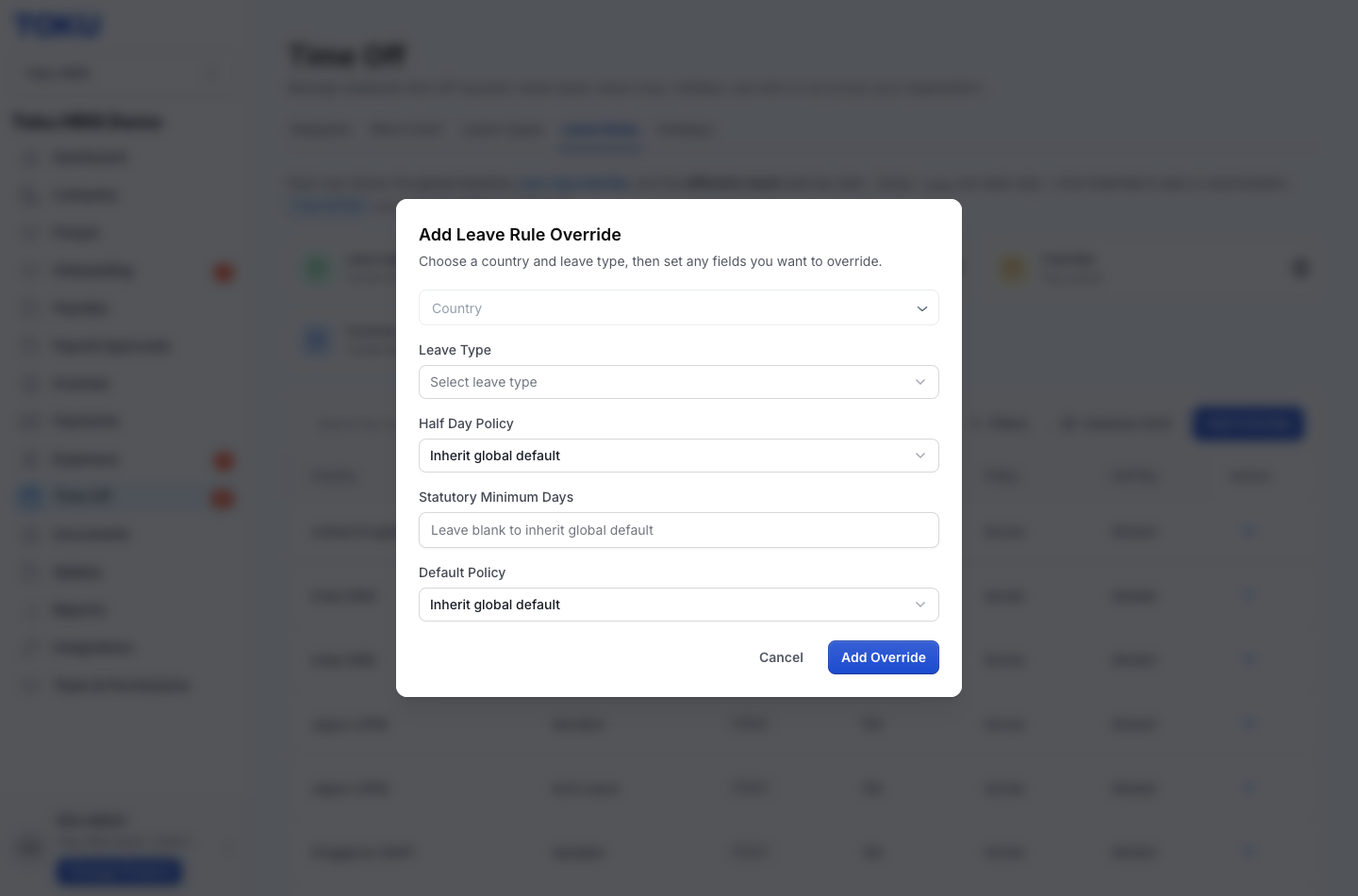The Add Leave Rule Override dialog: choose a Country and Leave Type, then optionally set Half Day Policy, Statutory Minimum Days, and Default Policy. Any field left on "Inherit global default" keeps the global rule.
