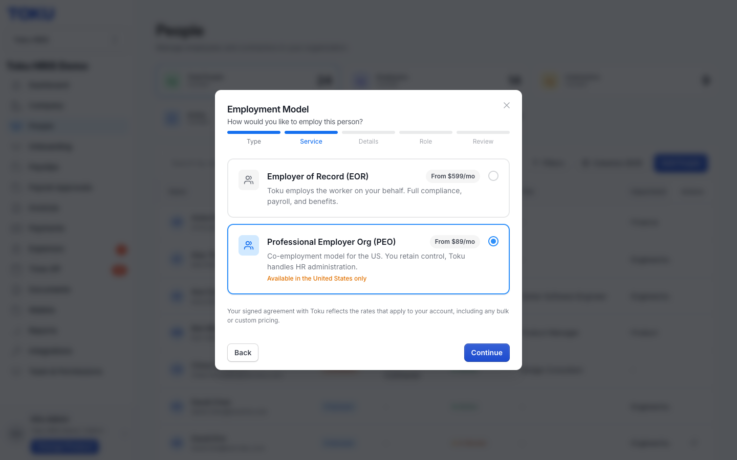 The Professional Employer Org (PEO) option selected on the Employment Model step, a US co-employment model where you retain control and Toku handles HR administration