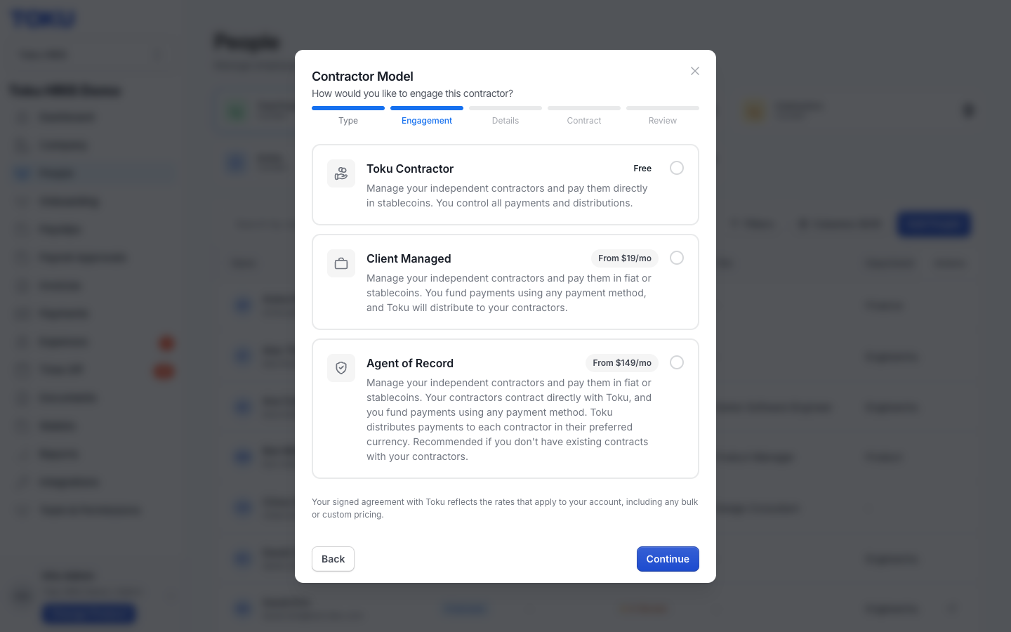 The Contractor Model (Engagement) step showing all three ways to pay a contractor: Toku Contractor (free), Client Managed (from $19/month), and Agent of Record (from $149/month)