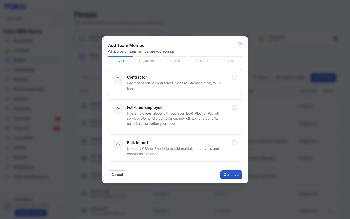 The Add Team Member dialog where you choose the type of individual to add: Contractor or Full-time Employee (or Bulk Import for many at once)