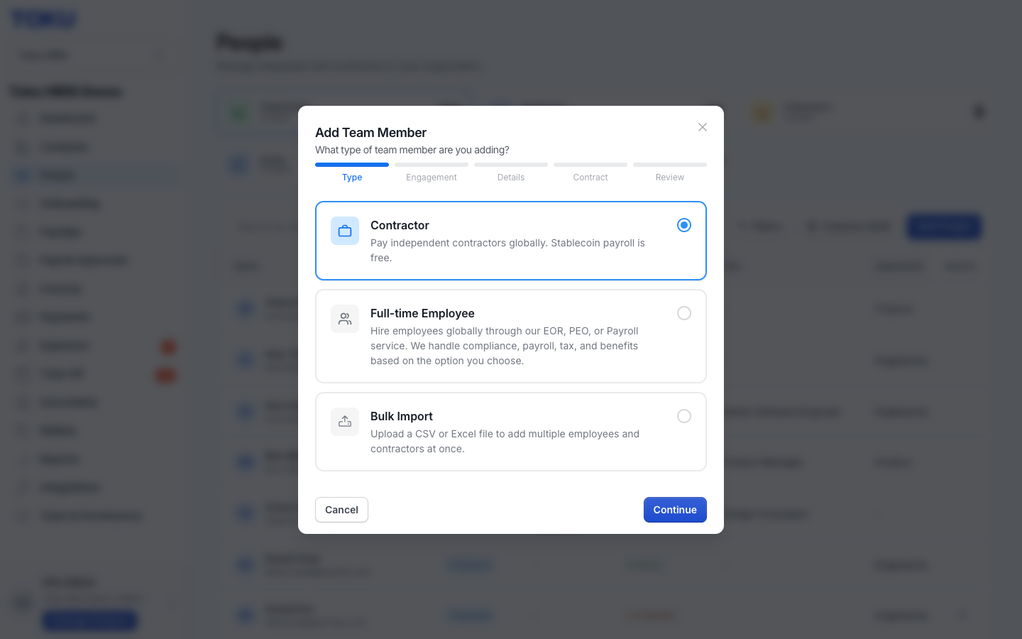 The Contractor option selected on the Add Team Member type step, for paying independent contractors globally