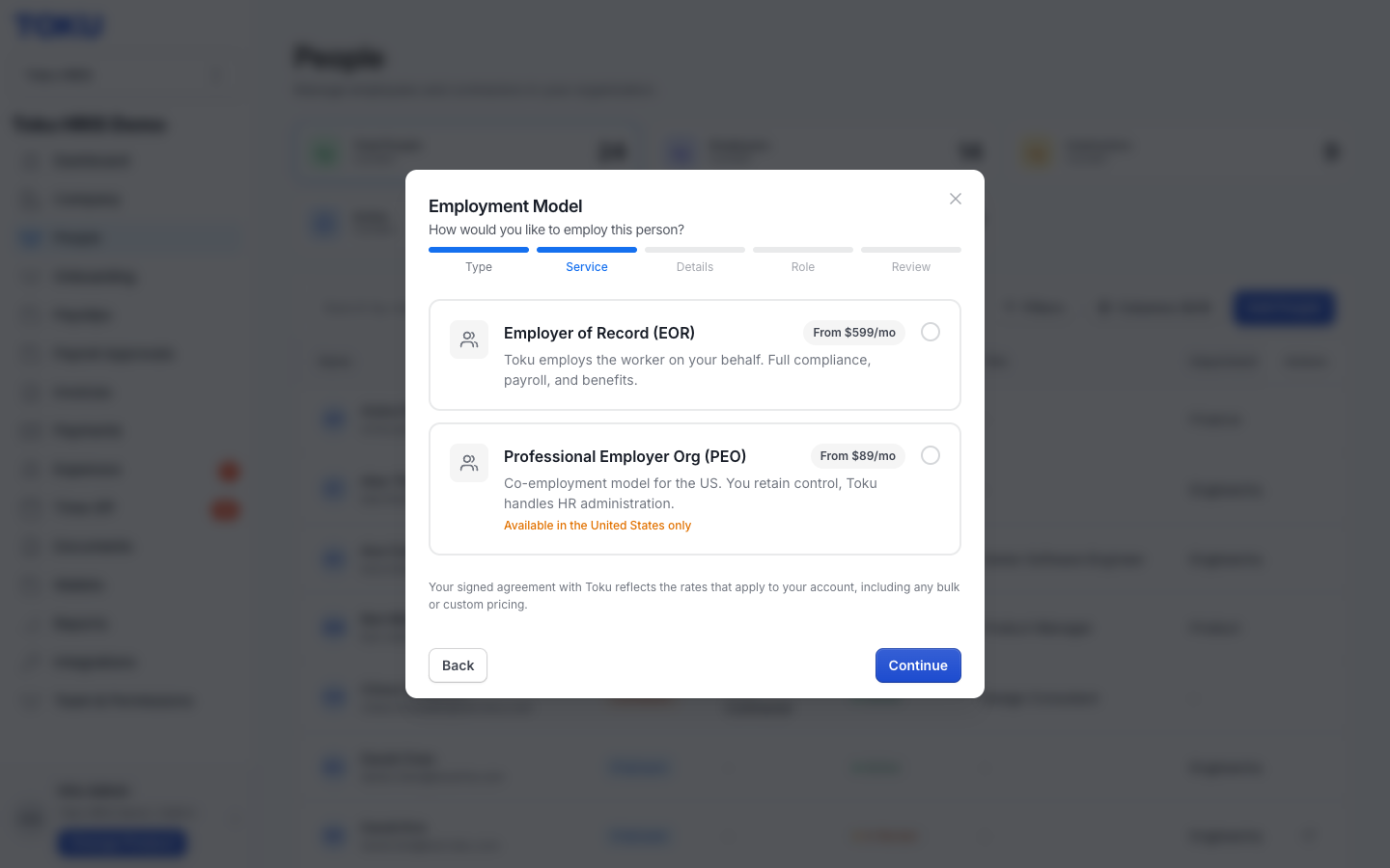 The Employment Model step for a full-time employee, with Employer of Record (EOR) where Toku employs the worker on your behalf with full compliance, payroll, and benefits