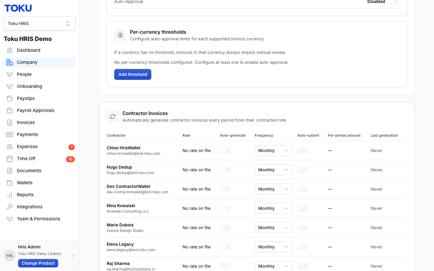Contractor Invoices card: table of contractors with Auto-generate, Frequency, Auto-submit, Per-period amount, and Last generation columns โ all toggles off by default