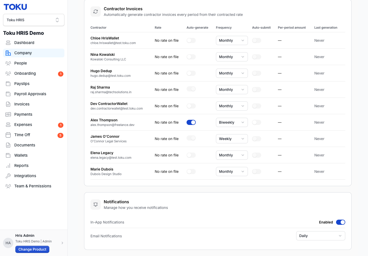 Example: Auto-generate turned on for Alex Thompson (Biweekly frequency) with Auto-submit still off โ invoices will generate as drafts until Auto-submit is also enabled