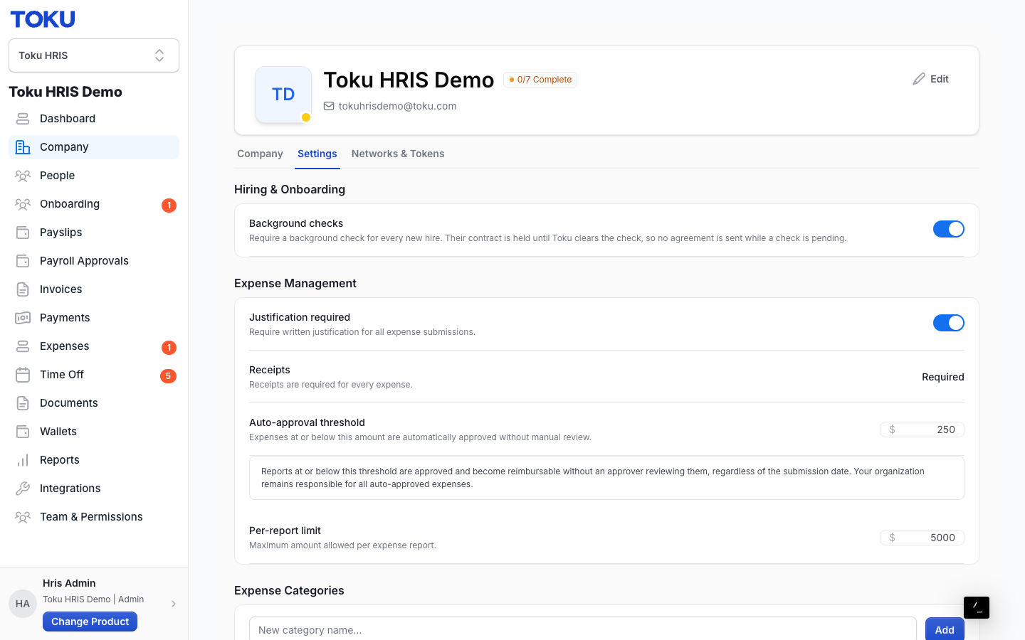 Company page, Settings tab selected โ shows Hiring & Onboarding and Expense Management cards at the top; Contractor Invoices is further down the same tab