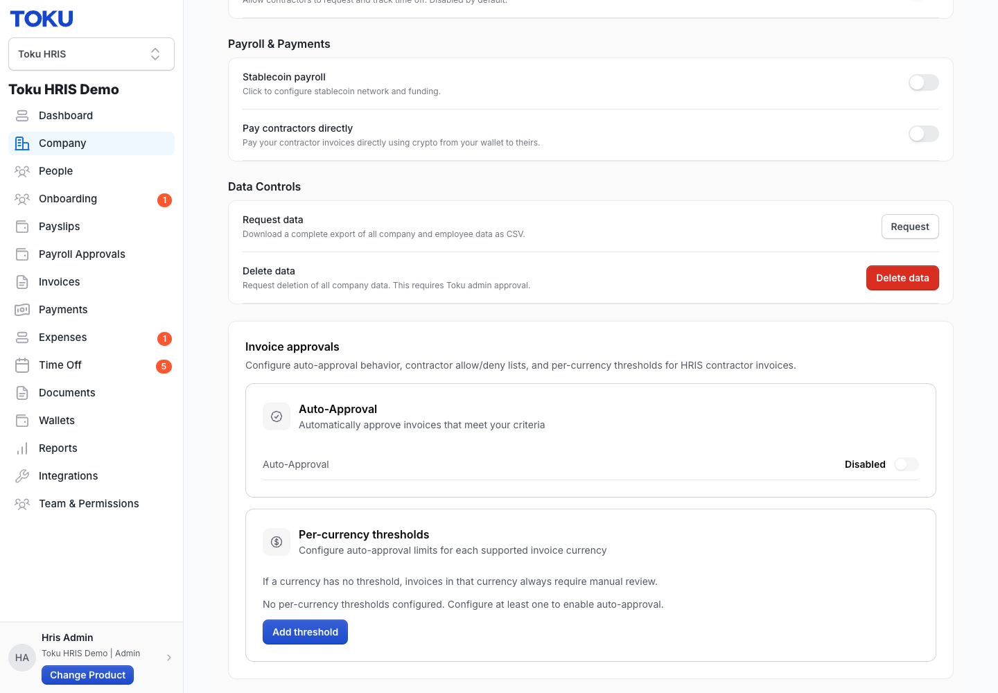 The separate Invoice approvals card (further up the same Settings tab): a master Auto-Approval toggle plus per-currency thresholds โ this controls whether SUBMITTED invoices get approved automatically, independent of the Auto-generate/Auto-submit toggles below