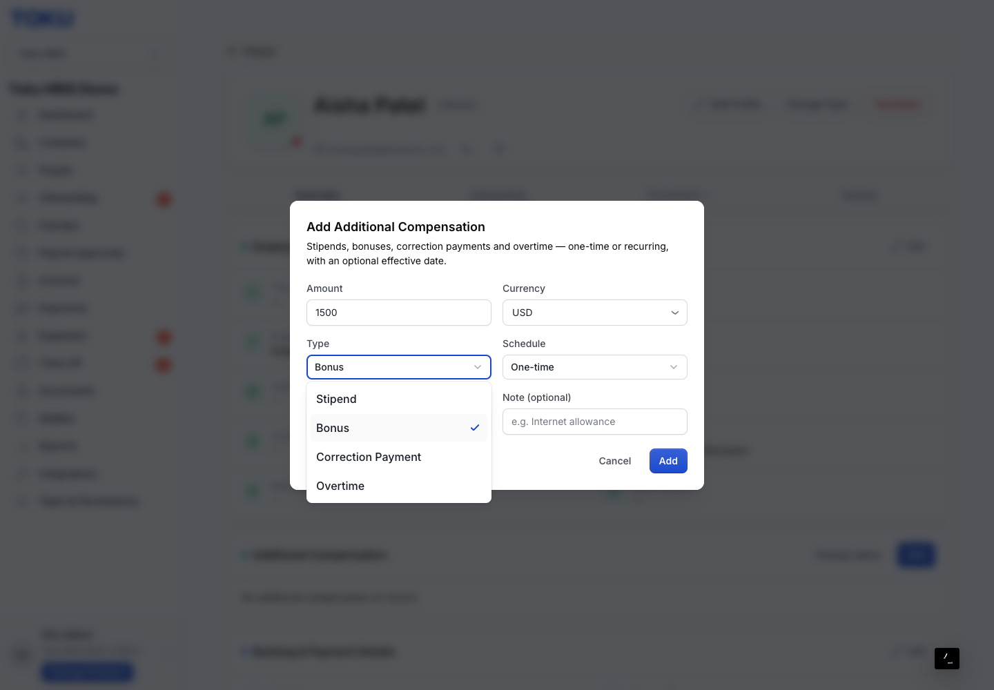 The Type dropdown open, showing Stipend, Bonus, Correction Payment, and Overtime.