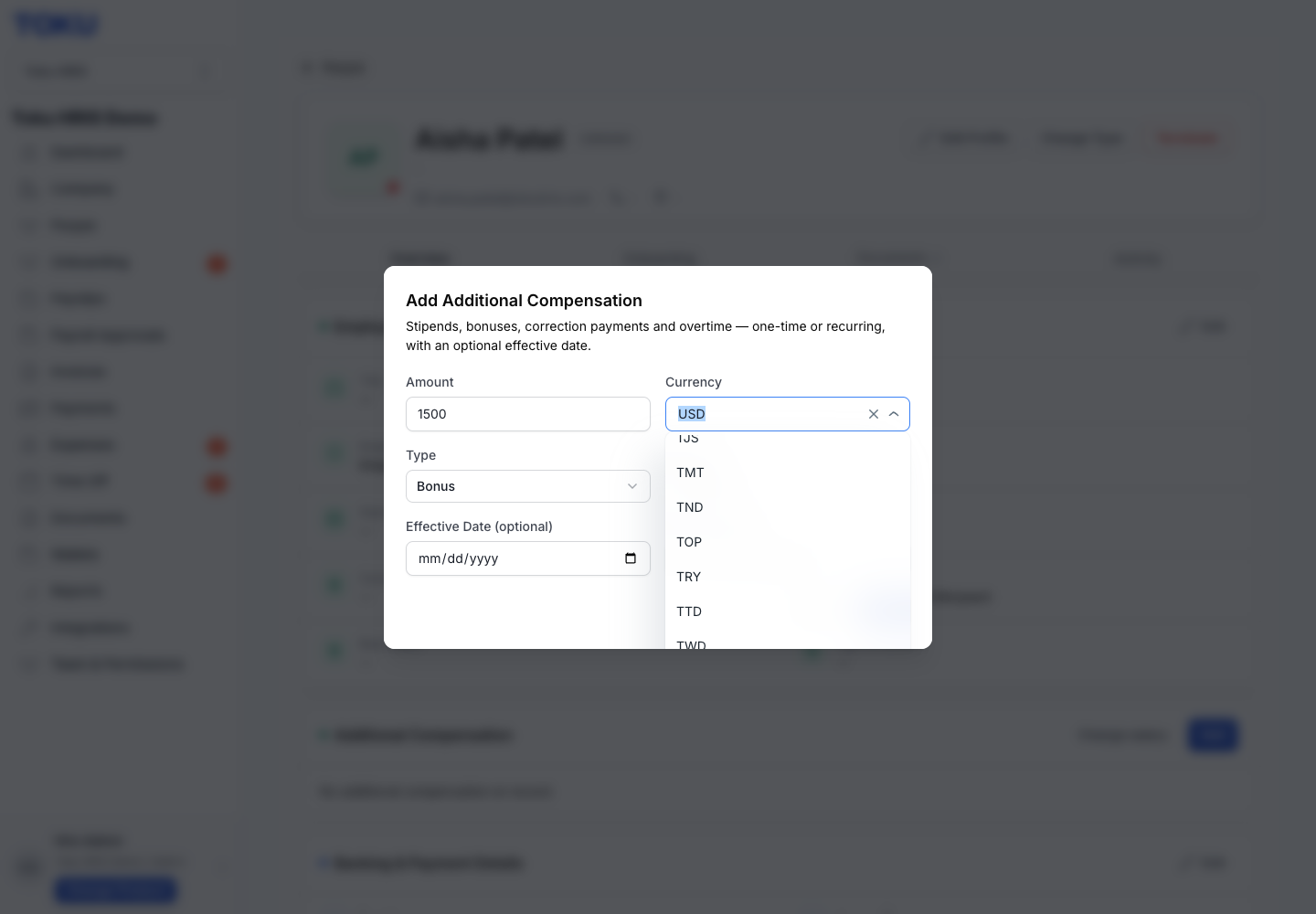 The Currency dropdown open, listing currency codes to choose from.