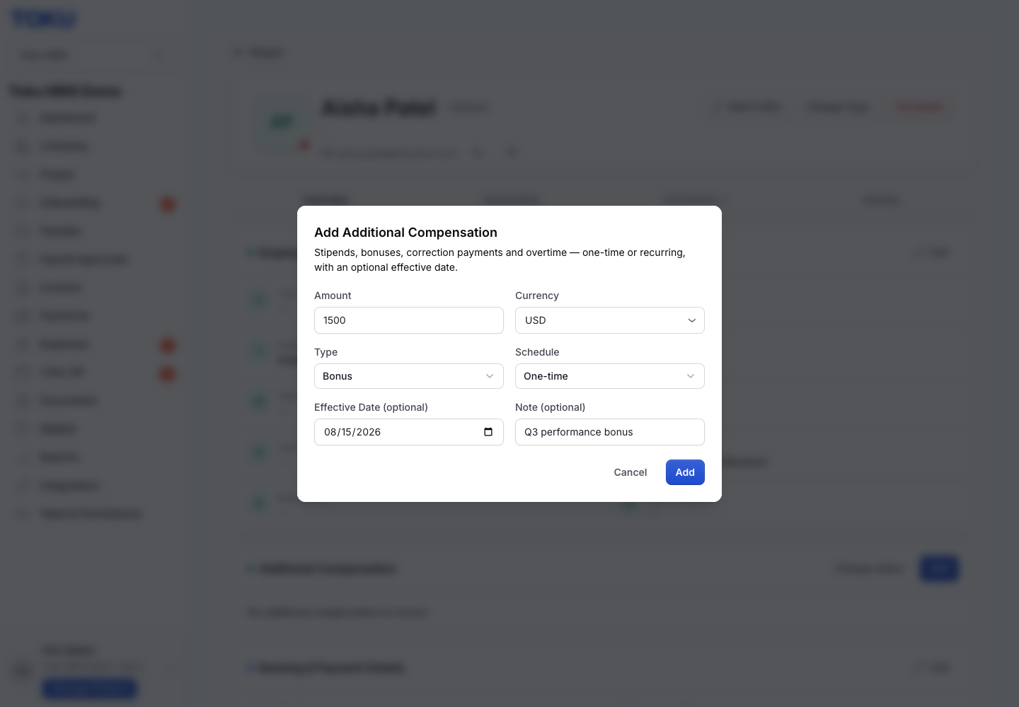 The completed form — Amount, Currency, Type, Schedule, Effective Date, and an optional Note — with the Add button ready to save the payment.