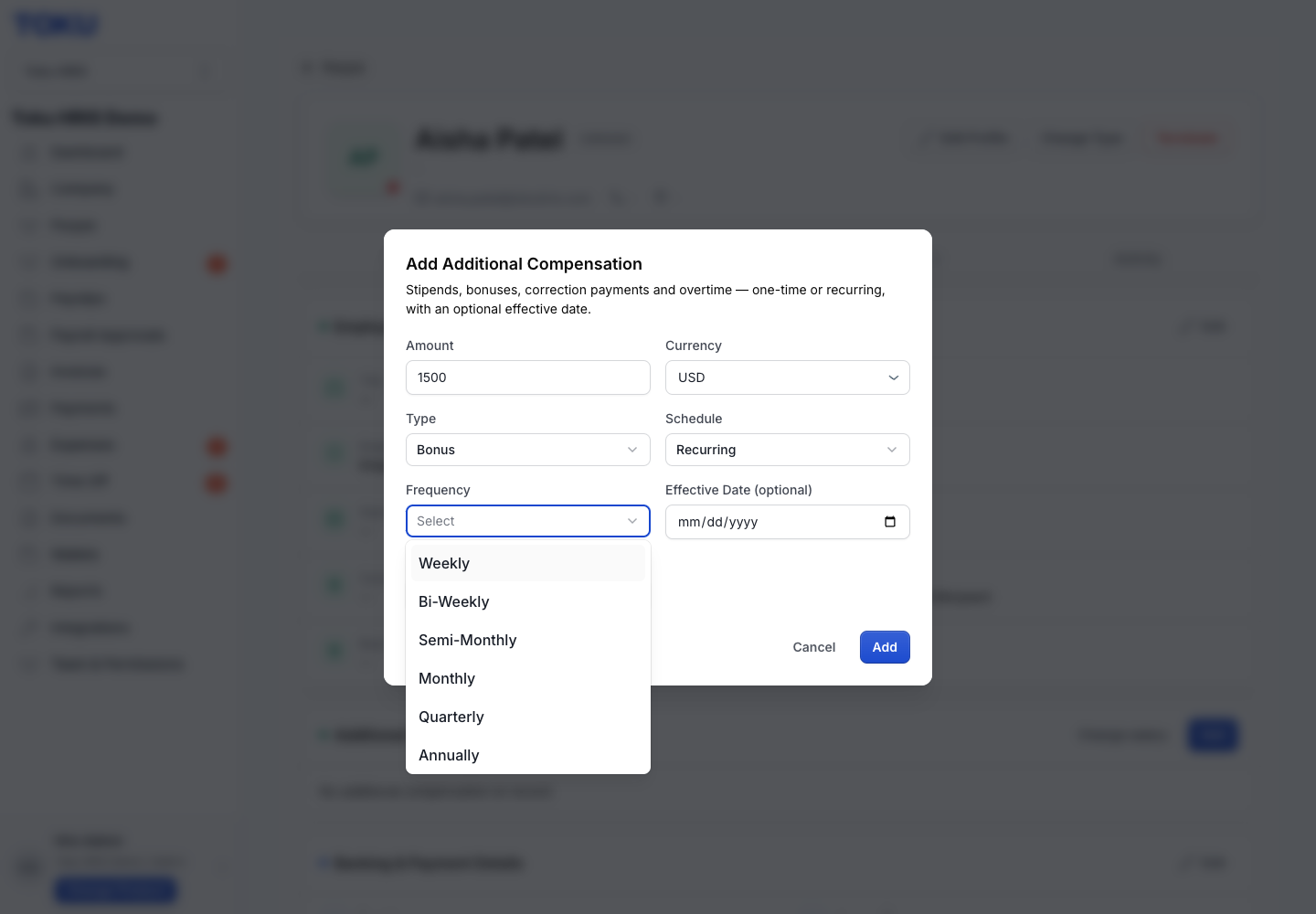 If Recurring is selected, a Frequency dropdown appears with Weekly, Bi-Weekly, Semi-Monthly, Monthly, Quarterly, and Annually.