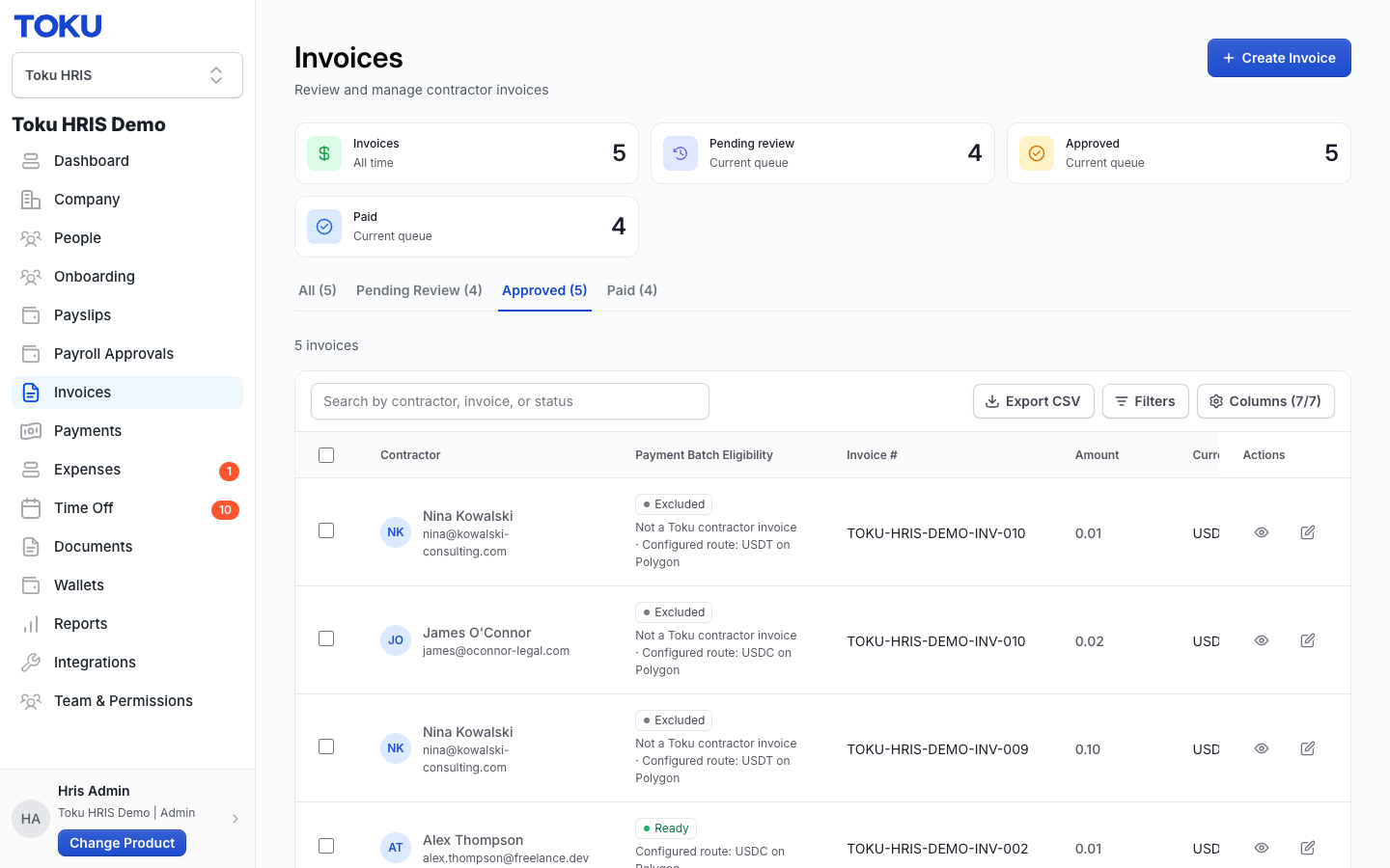 The Approved tab of the Invoices page, listing invoices that have been approved and are awaiting payment batching.