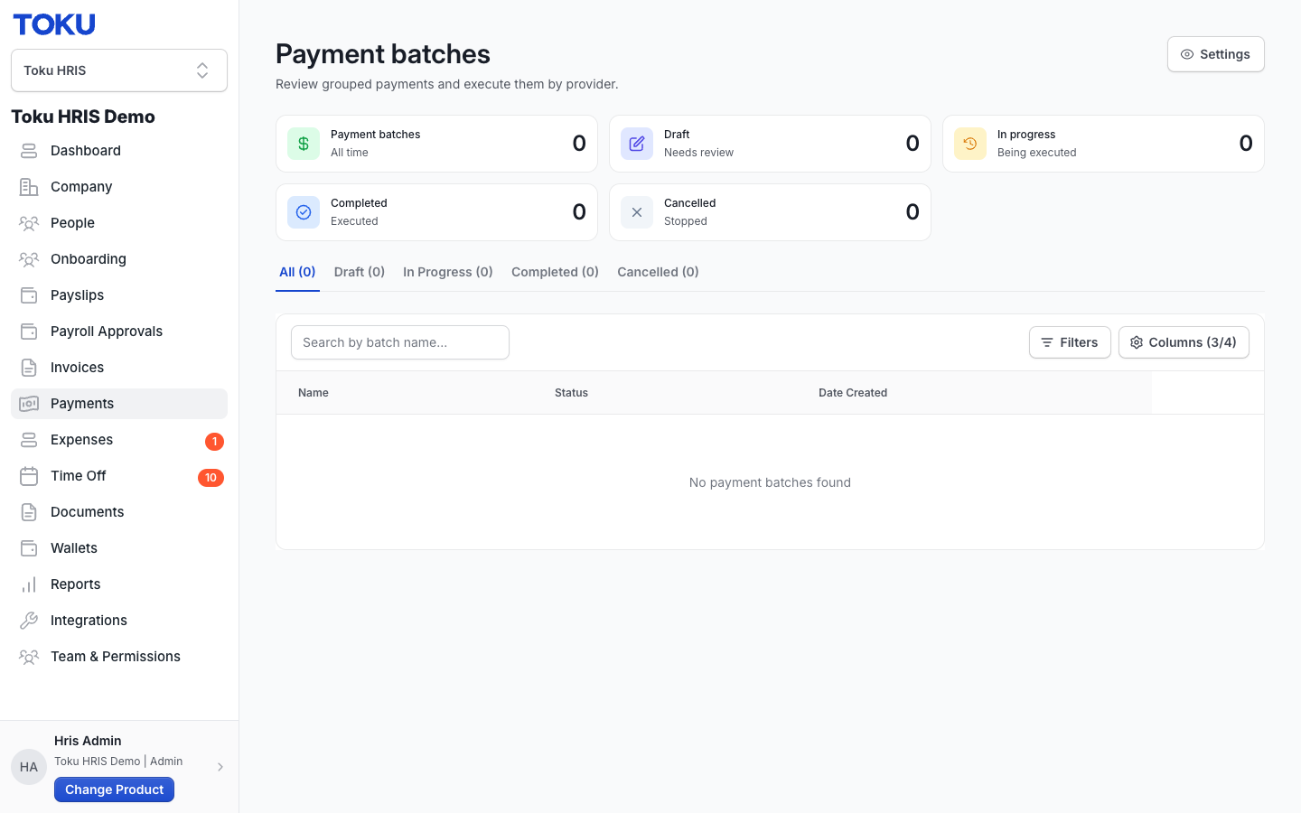 The Payment batches page, where you review grouped payments and send funding to execute them (shown here with no batches currently pending).