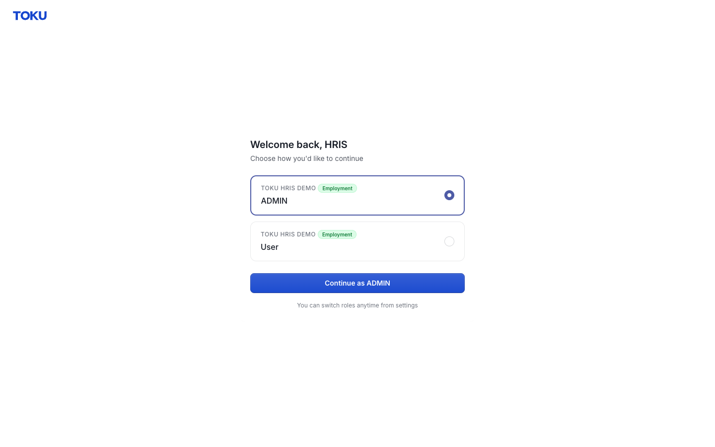 The Welcome back screen with the ADMIN option selected and the Continue as ADMIN button.
