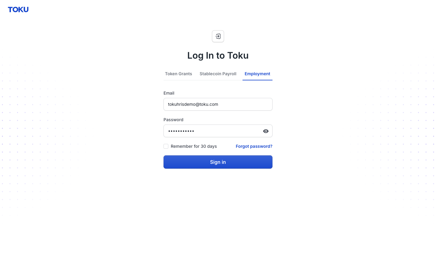 Your work email and password entered on the Employment tab, with the blue Sign in button below.
