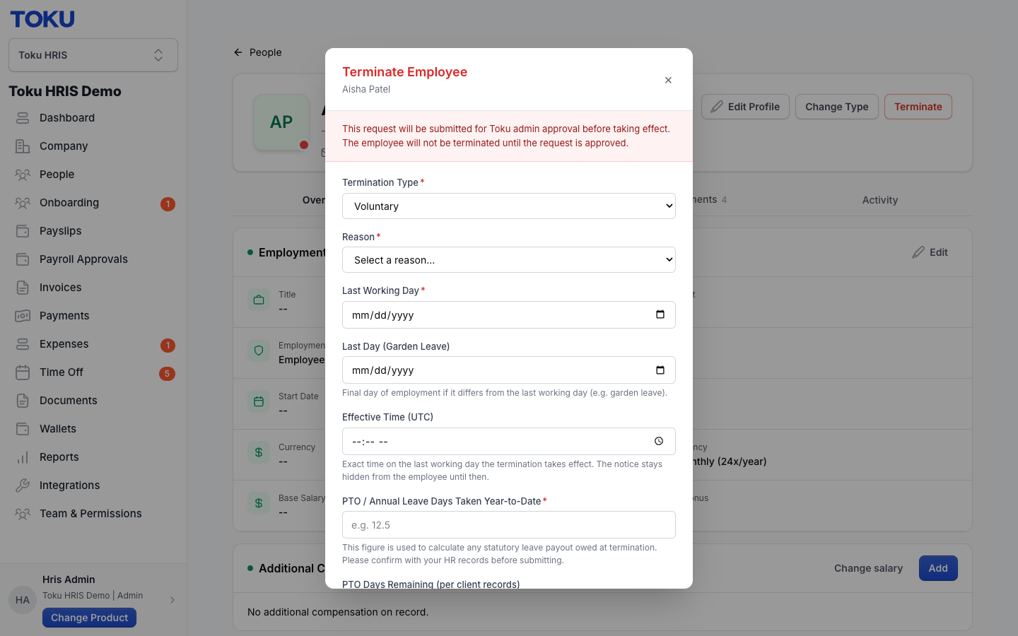 The Terminate Employee window, showing the approval-required notice with the Termination Type and Reason menus.