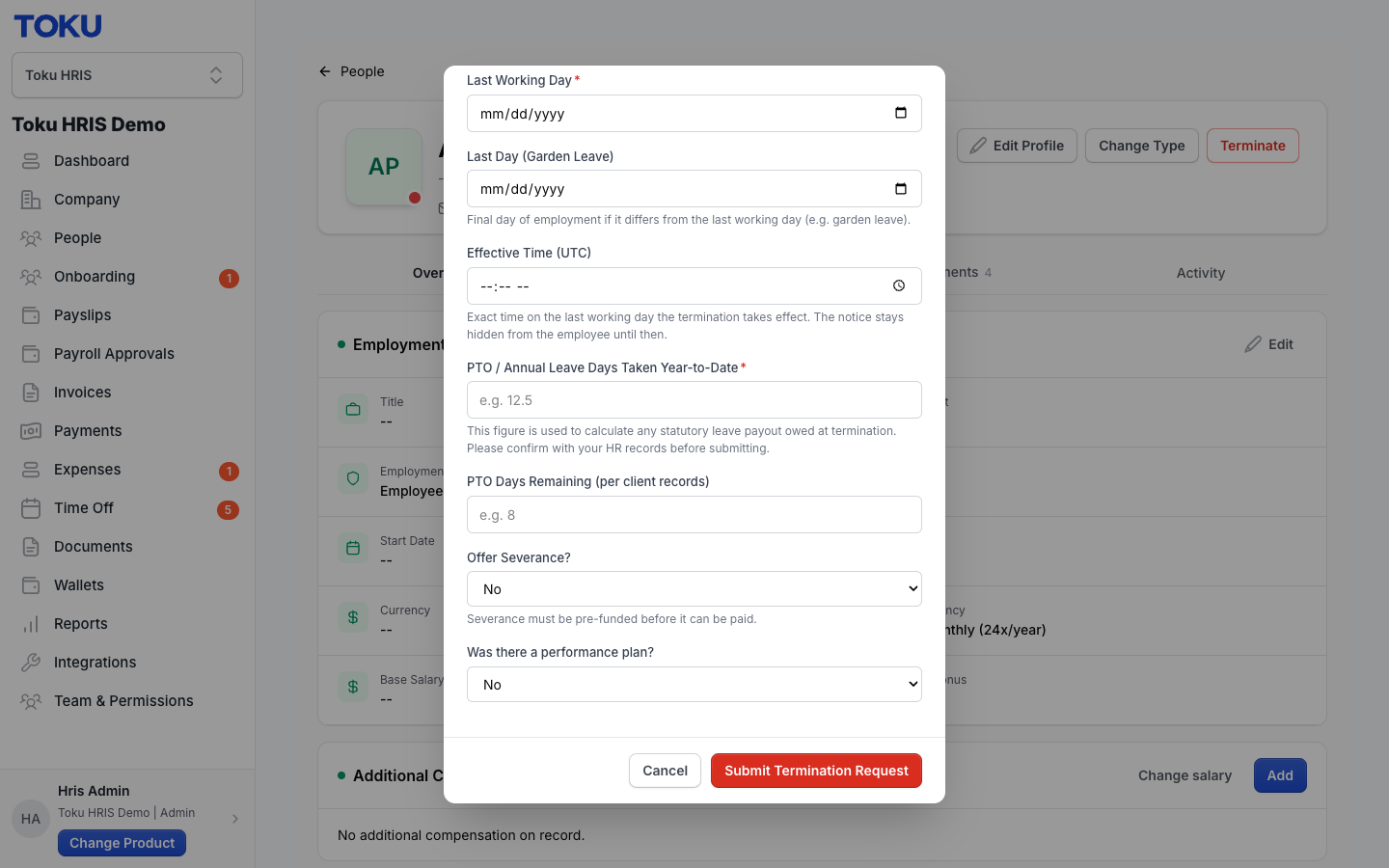 The lower half of the Terminate Employee window: PTO fields, Offer Severance?, Was there a performance plan?, and the red Submit Termination Request button.