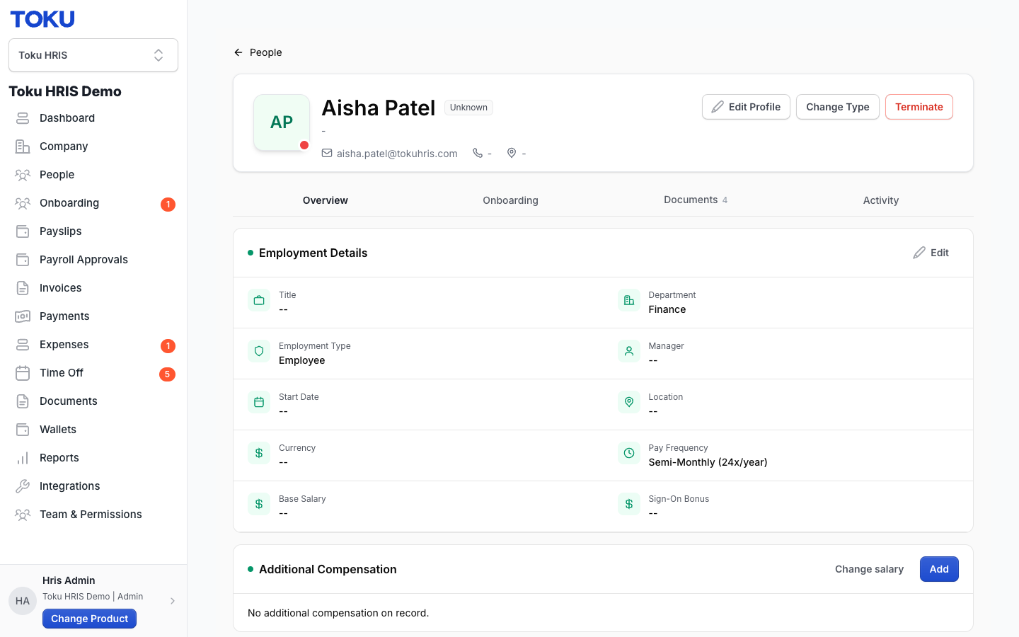 The employee's profile page with the red Terminate button in the top-right, beside Edit Profile and Change Type.