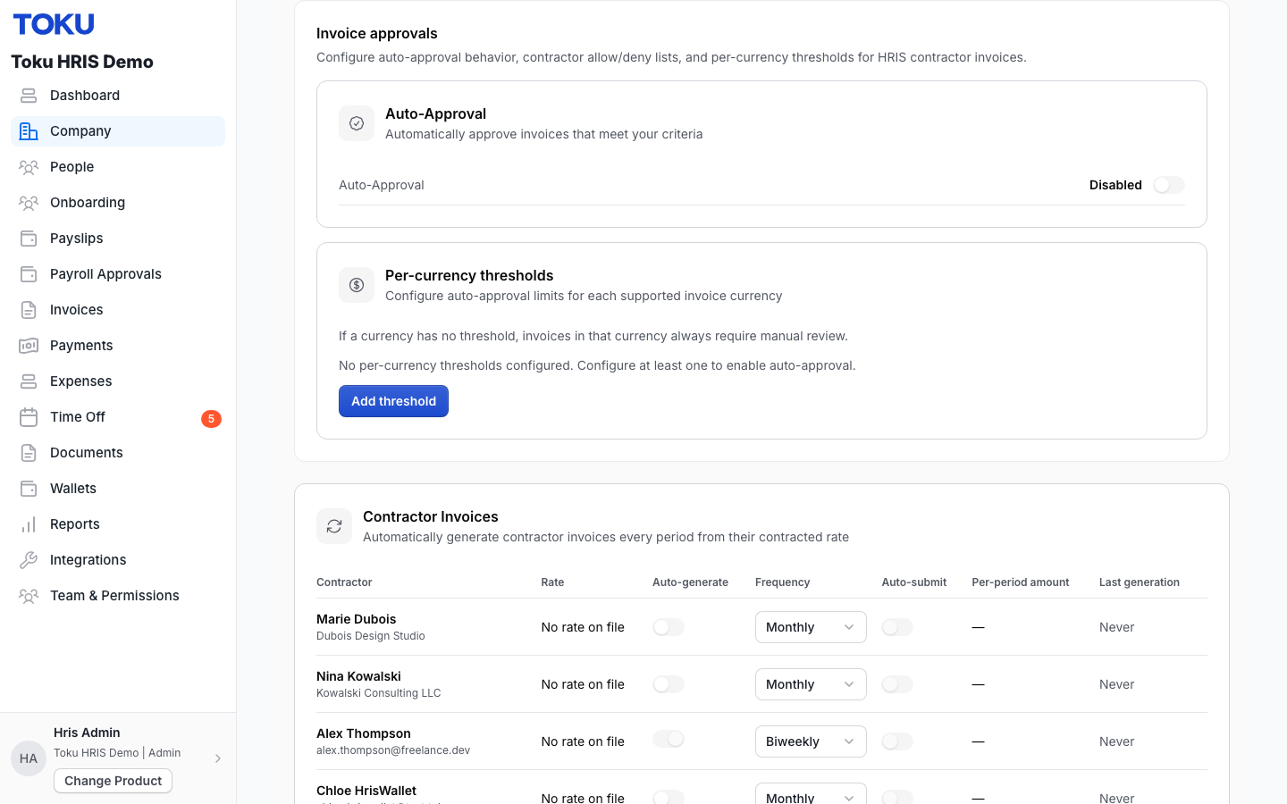 Company โ Settings โ Invoice approvals, before anything is configured: auto-approval is Disabled and no currency thresholds exist.