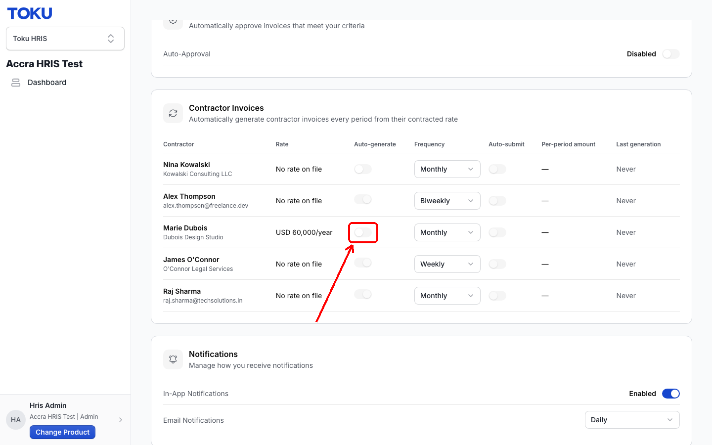 Click the grey Auto-generate switch in the contractor's row.