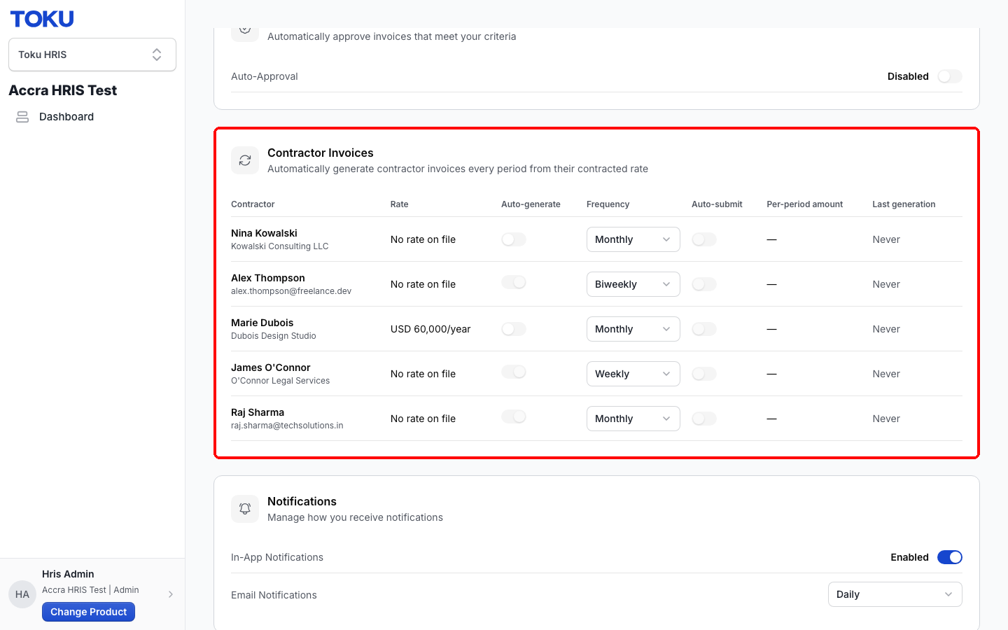 Scroll down the Settings page to the Contractor Invoices section.