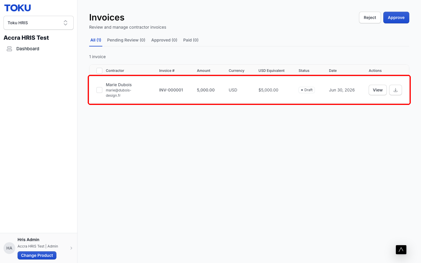 The generated invoice appears on the Invoices page with status Draft.