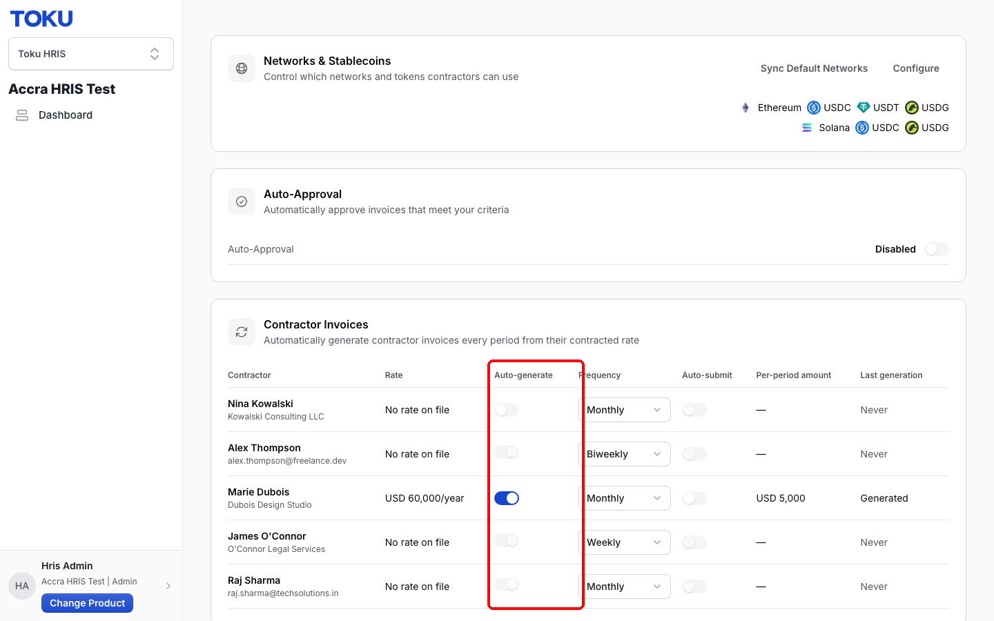 The Auto-generate column shows at a glance which contractors have auto-invoicing turned on.