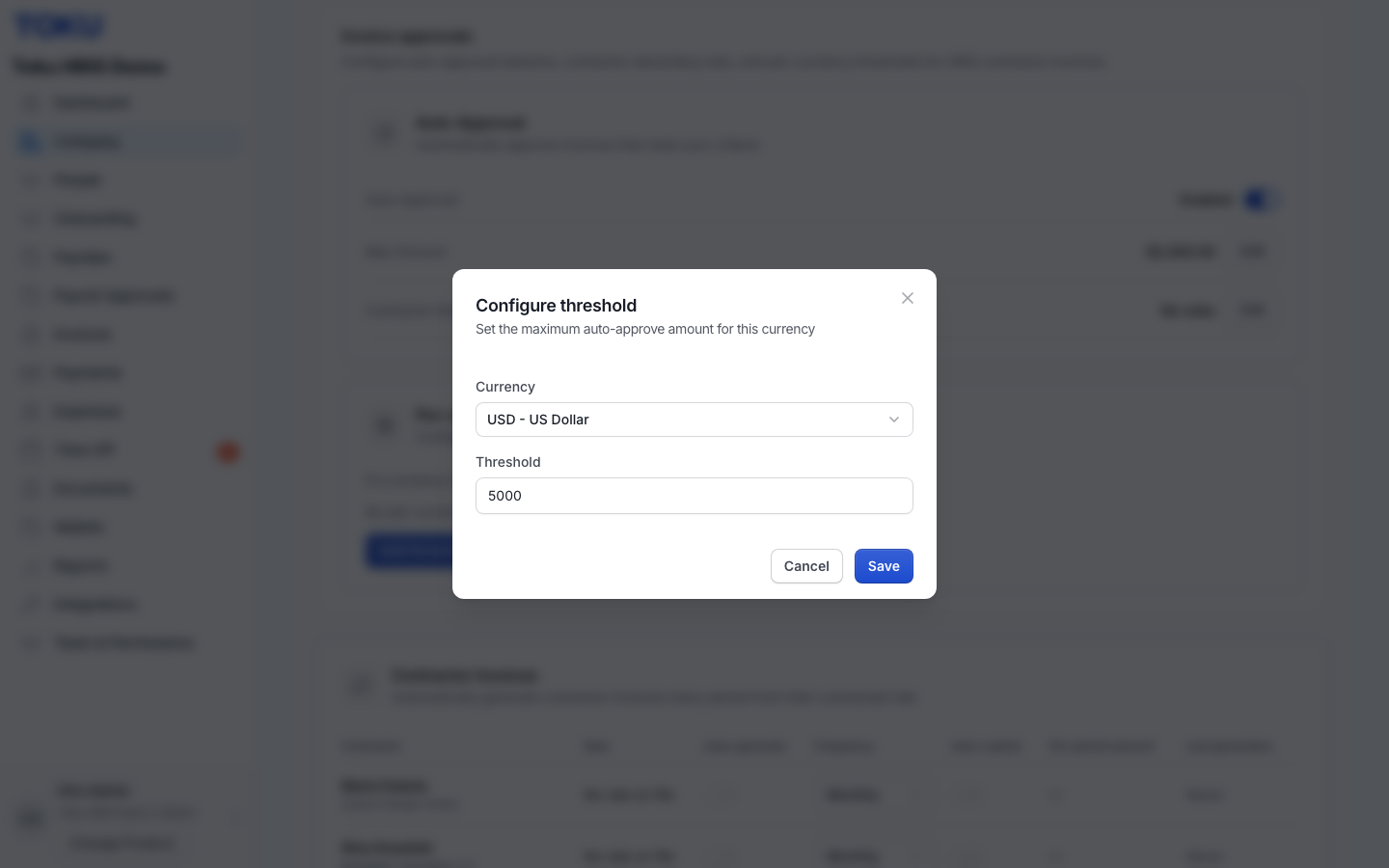 Configure threshold: pick a currency, then set the most you will auto-approve in it.