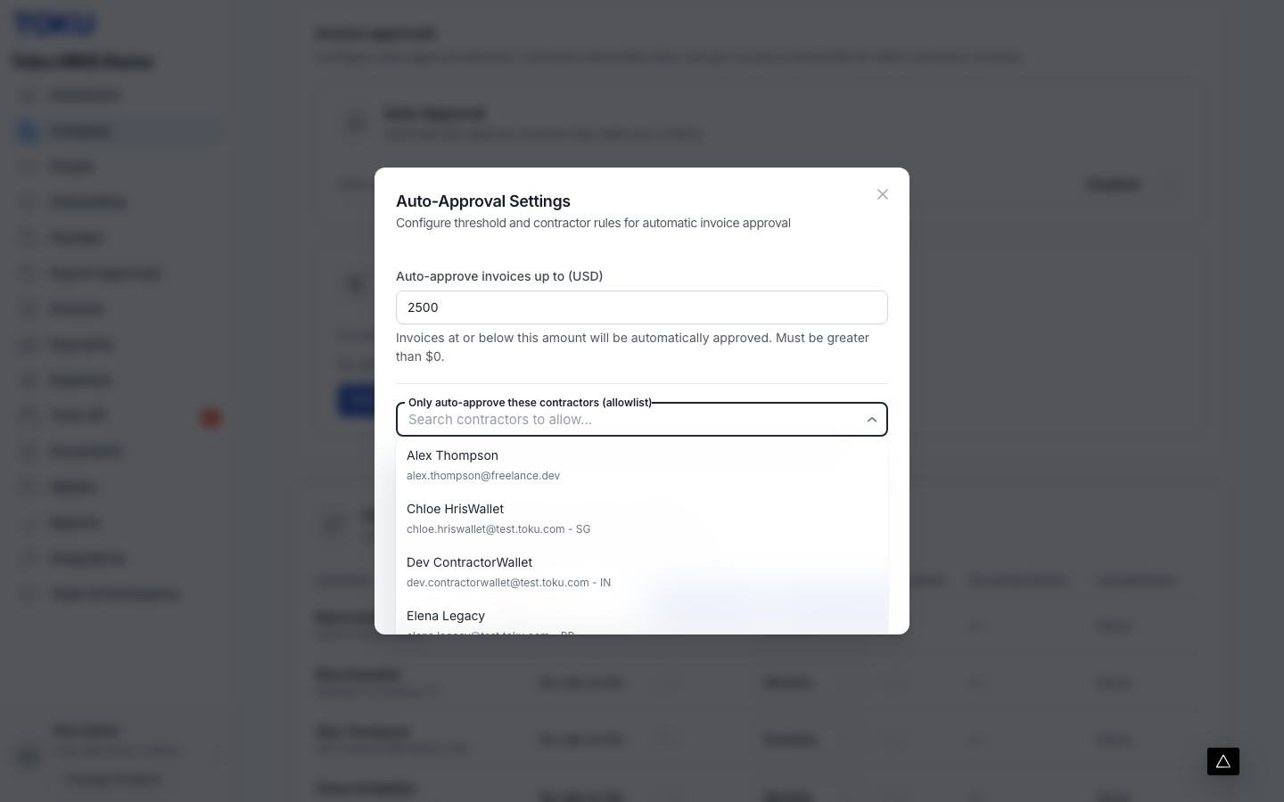 Both pickers search your active contractors by name and email.