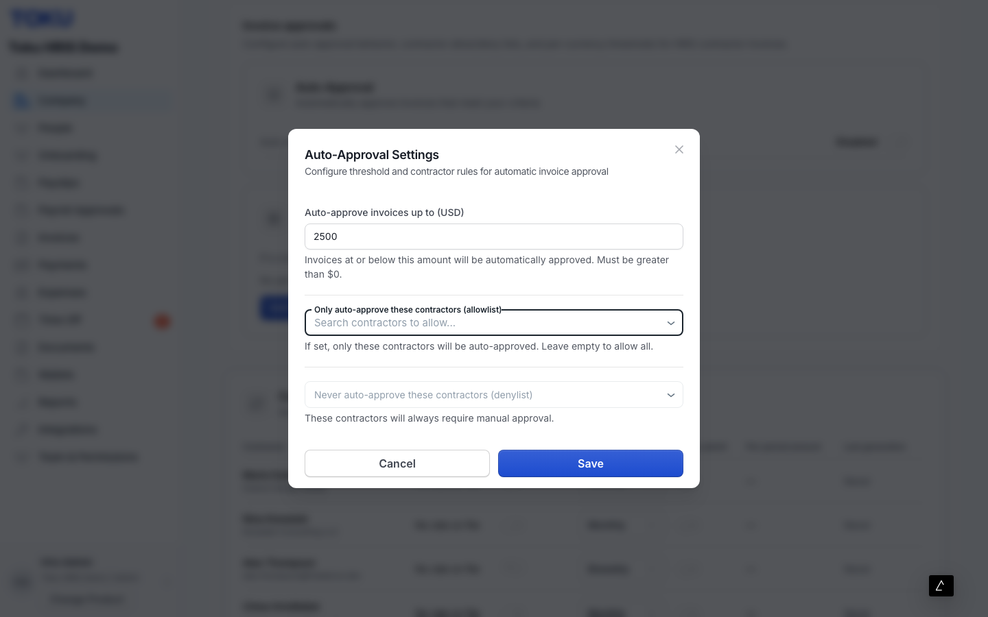 The Auto-Approval Settings window holds all three controls: the overall limit, the allowlist, and the denylist.