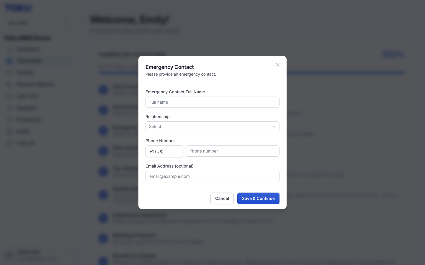 Emergency Contact step: full name, relationship dropdown, and phone number