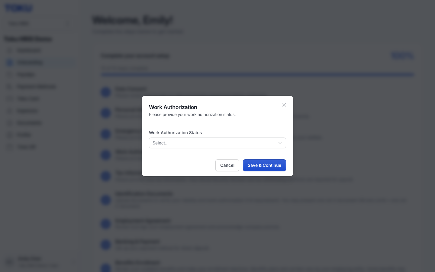 Work Authorization step: choose your work authorization status from the dropdown