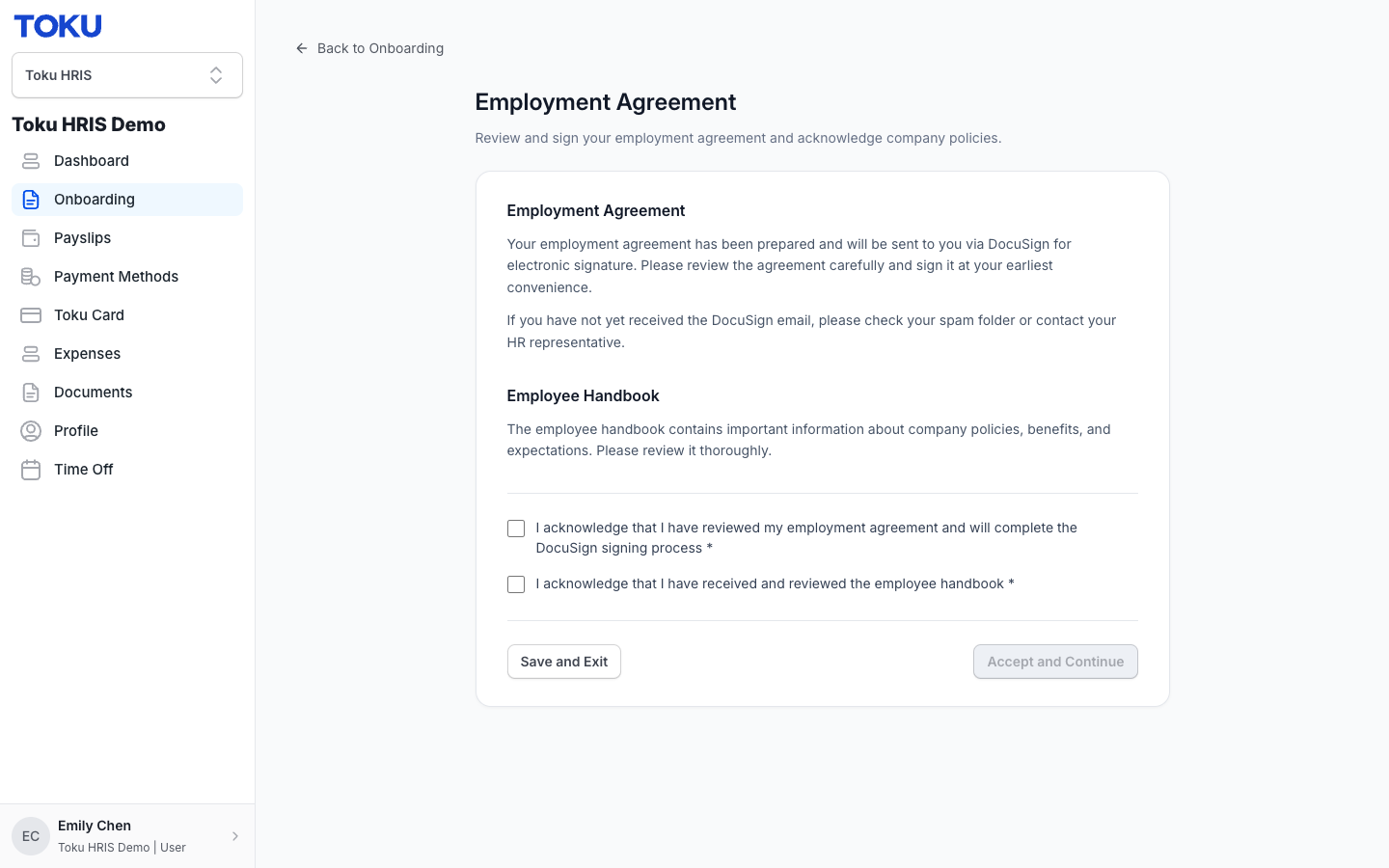 Employment Agreement step: agreement sent via DocuSign, with handbook acknowledgement checkboxes