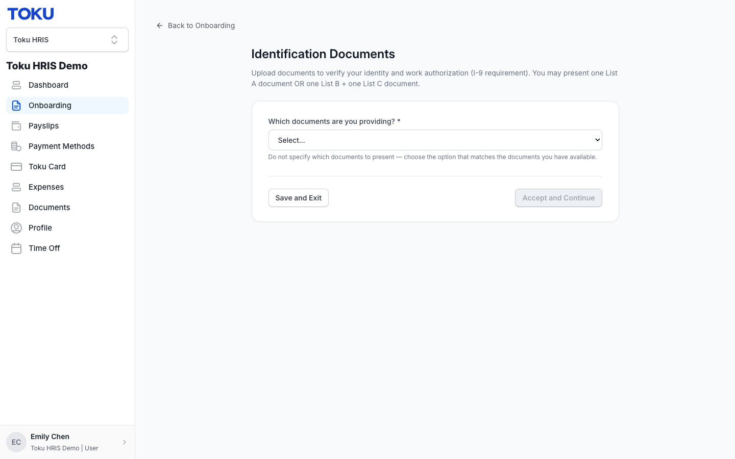 Identification Documents step: the 'Which documents are you providing?' dropdown (List A or List B + C)