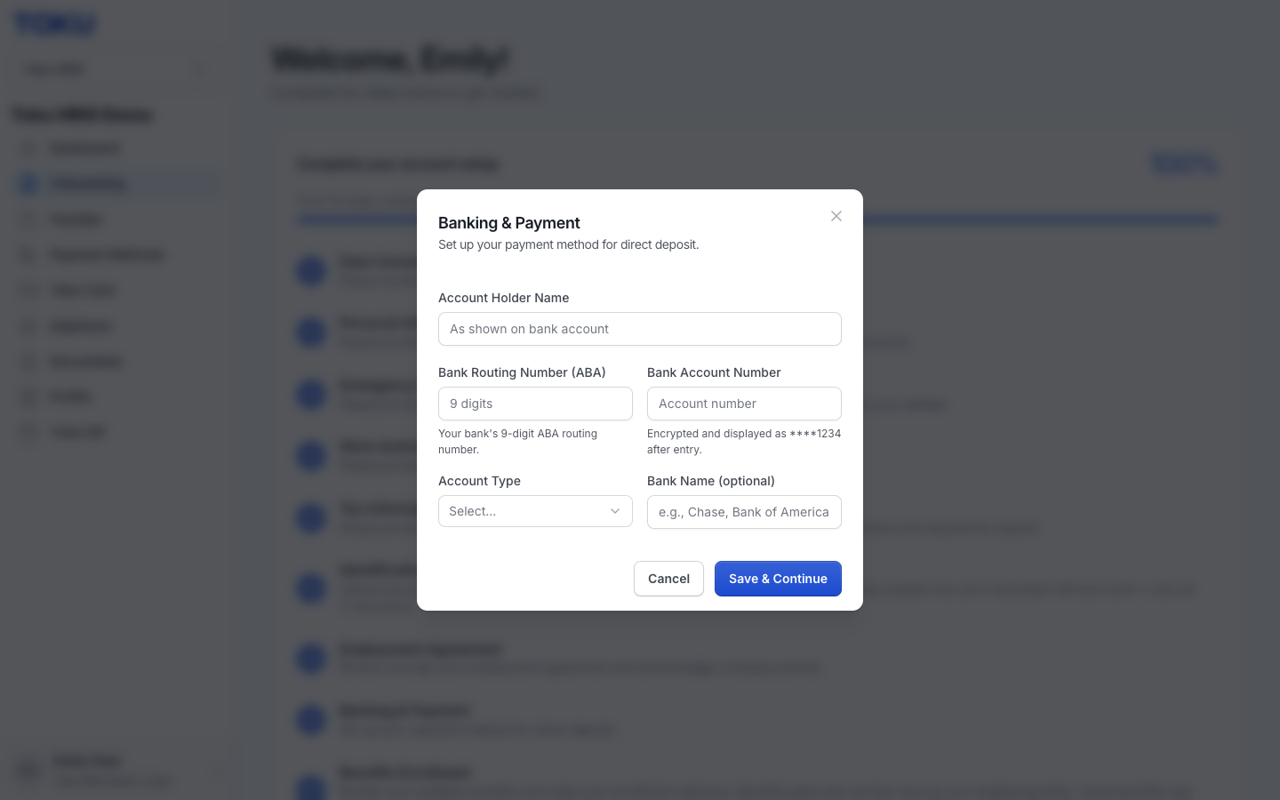 Banking & Payment step: account holder name, routing (ABA), account number, and account type