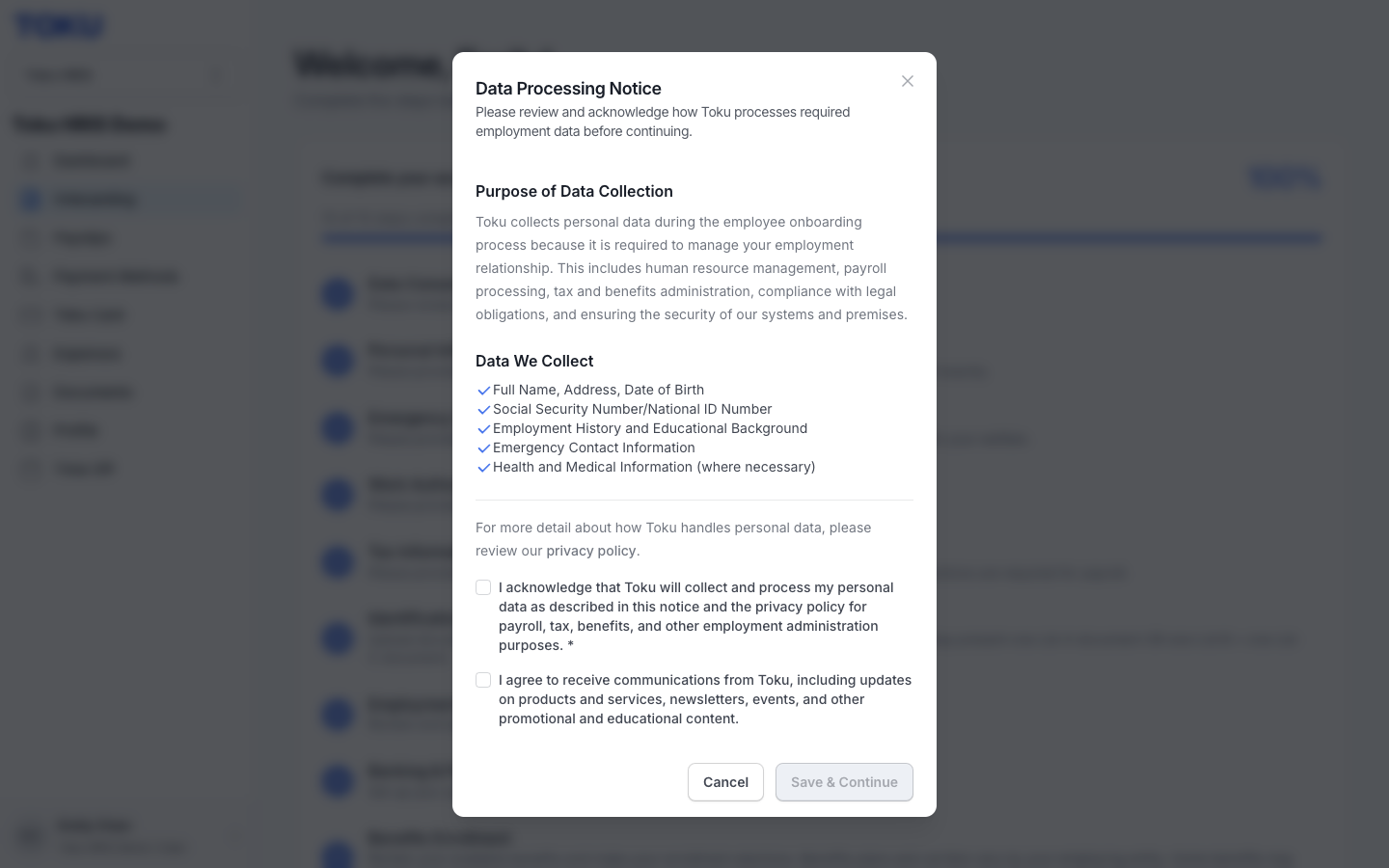 Data Consent step: the Data Processing Notice with the required acknowledgement checkbox and Save & Continue