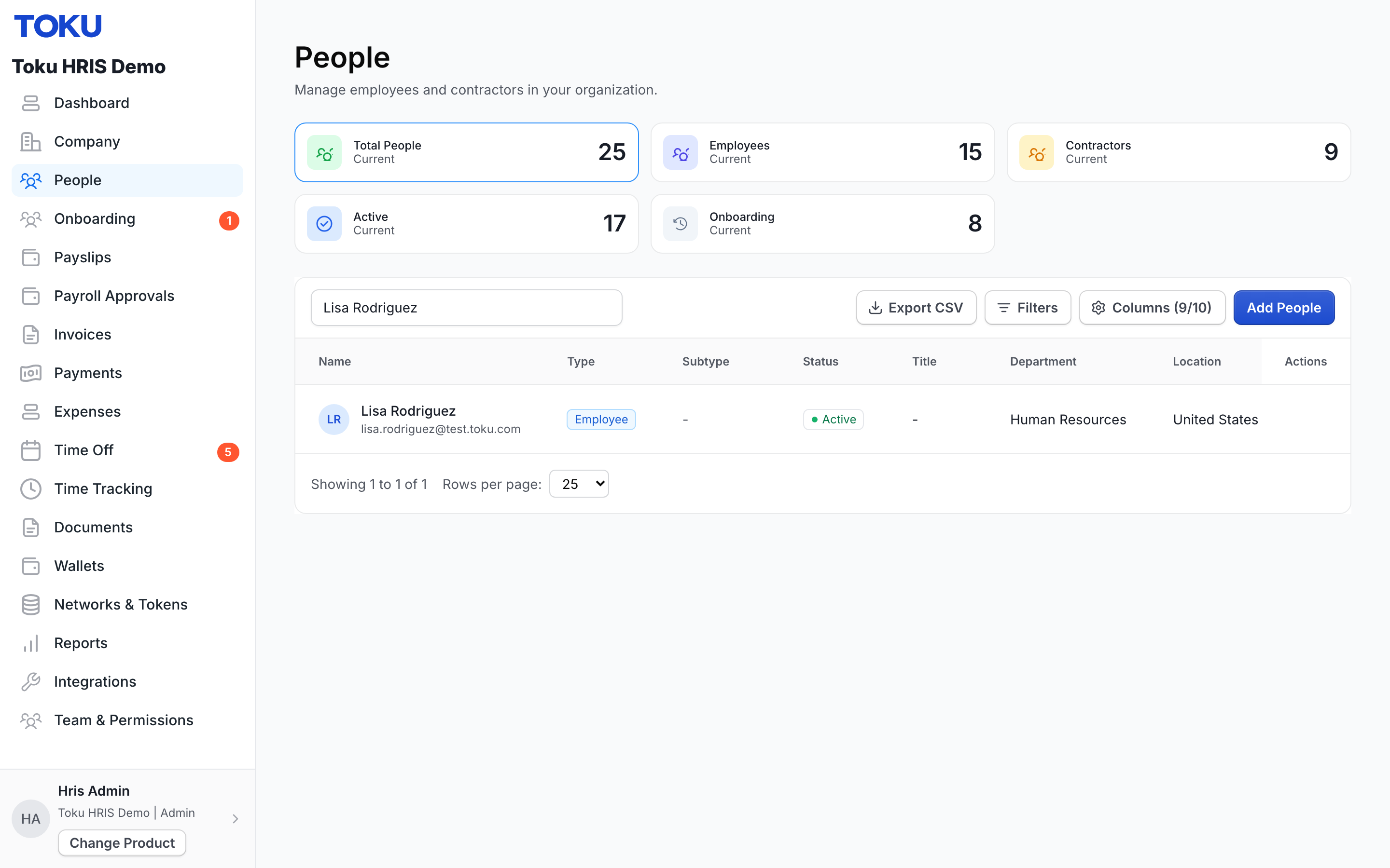 The People page filtered to one employee. Select the person's name to open their profile.
