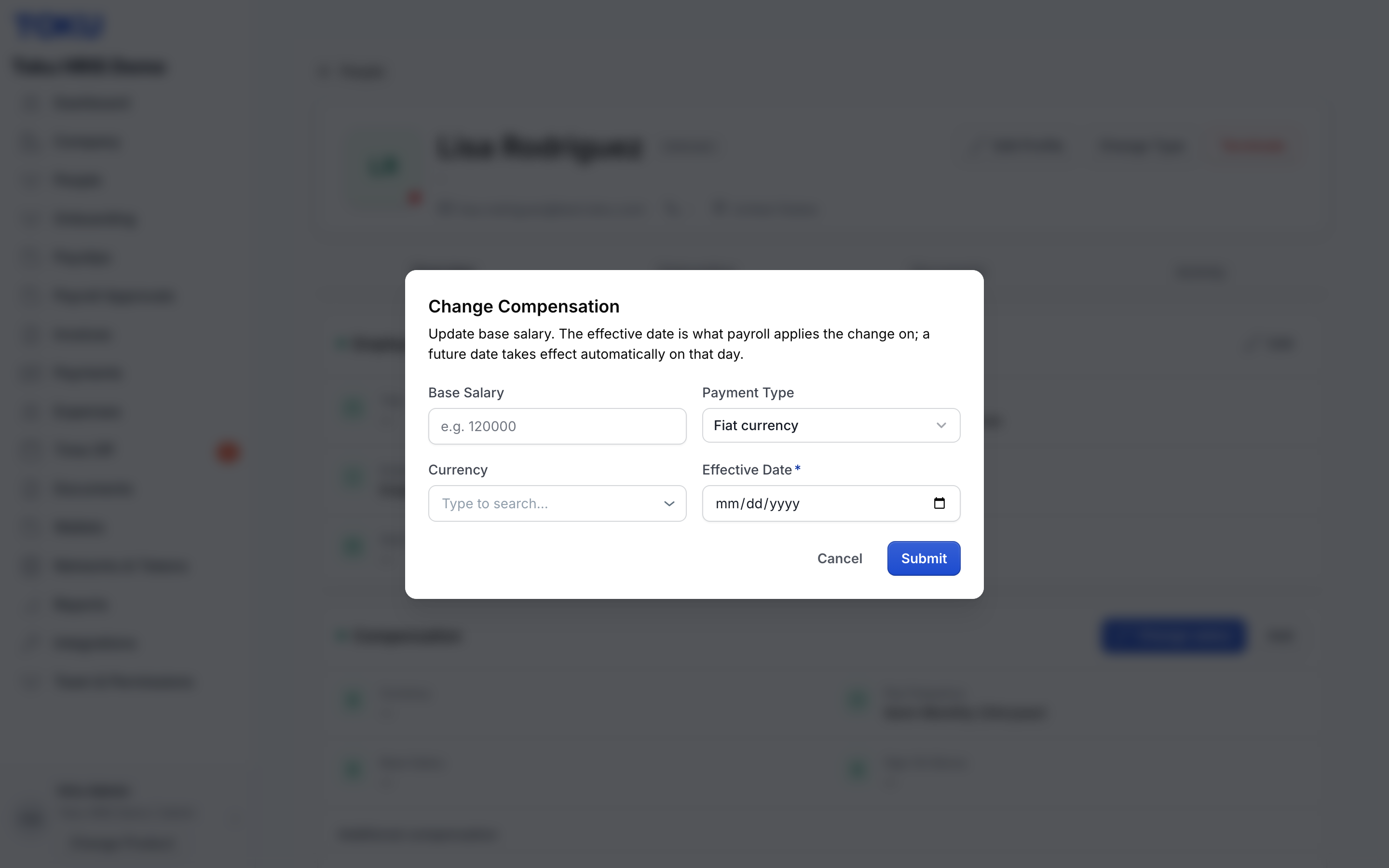 The Change Compensation window in Fiat currency mode. Effective Date is required.