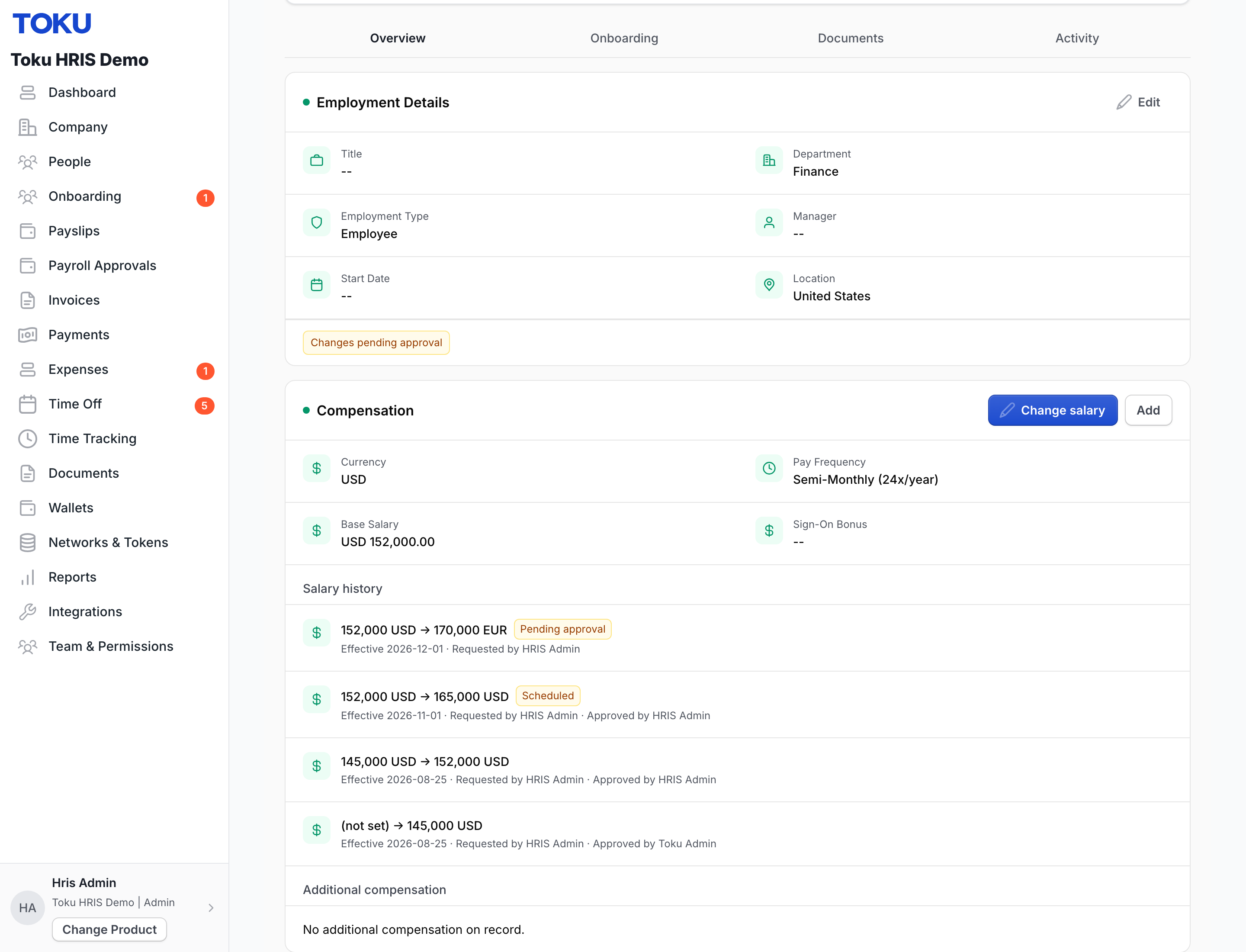 The Overview tab of an employee profile. Salary history sits on the Compensation card, directly under the current pay figures.
