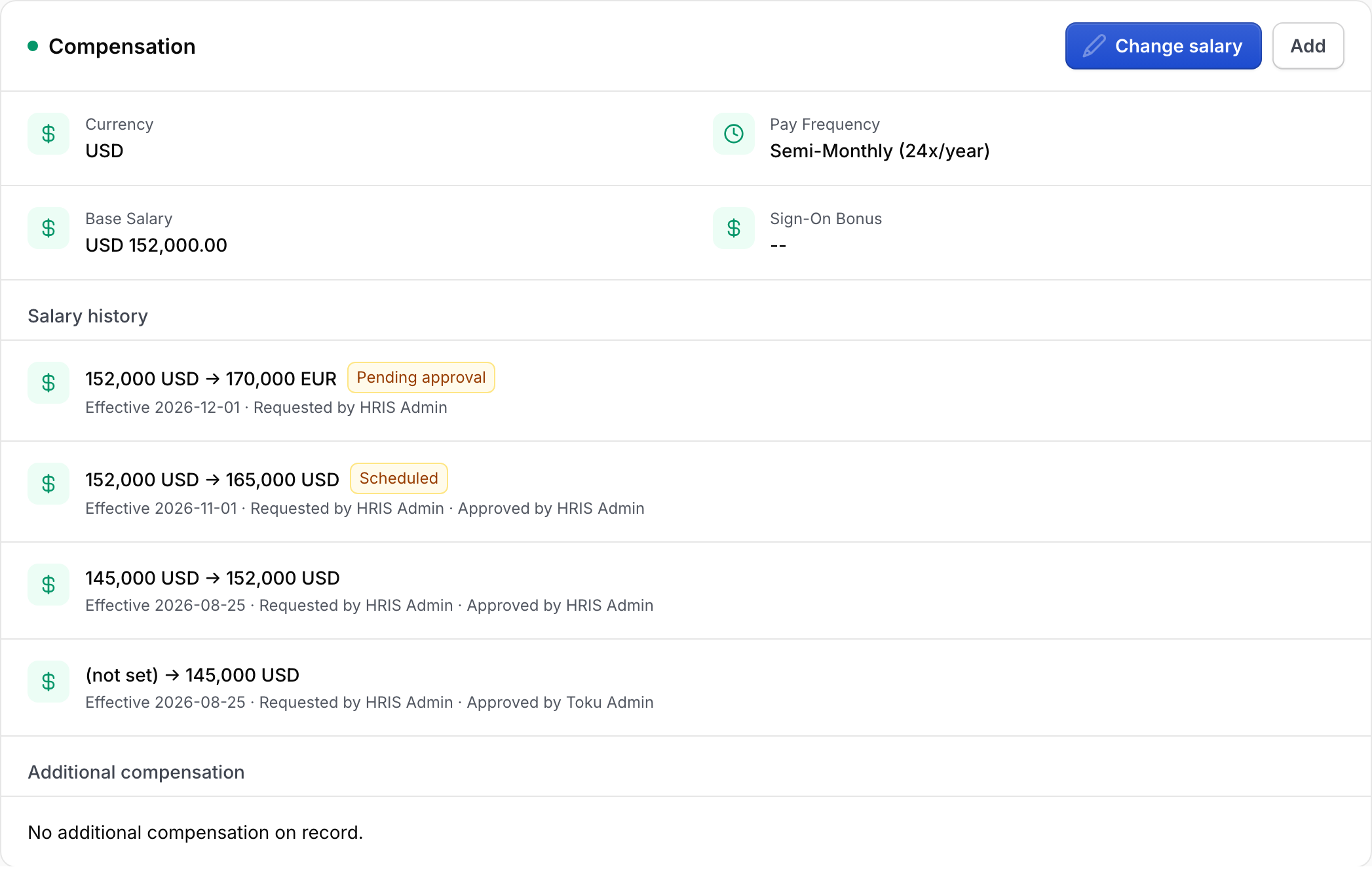The Salary history list. Newest submission first: a pending currency change, a scheduled raise, and two changes already applied.