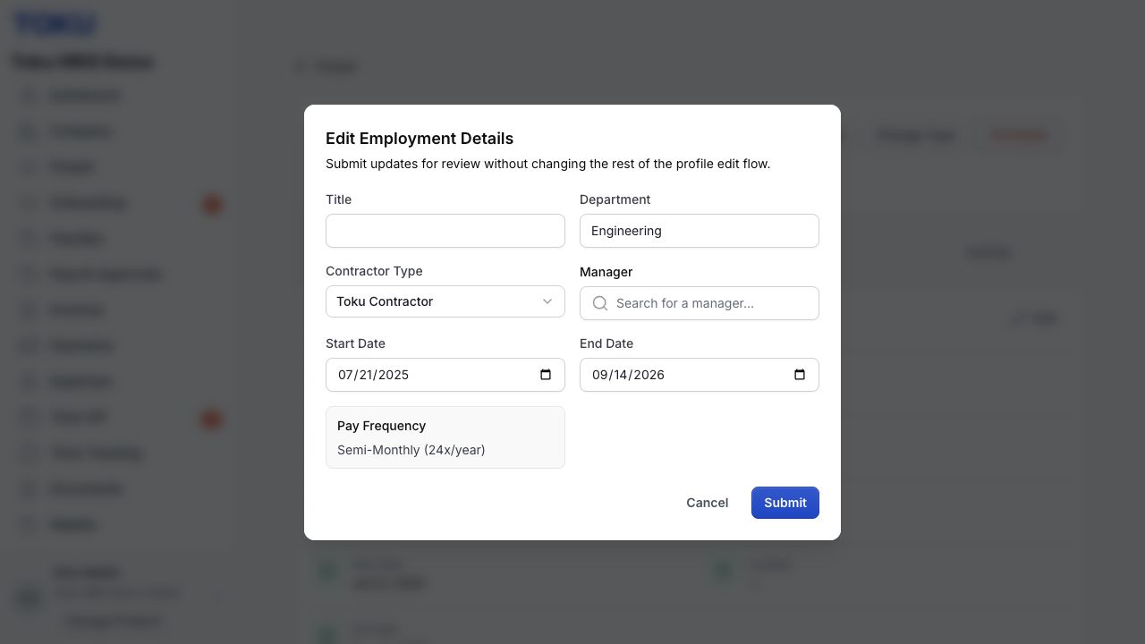 The contractor Edit Employment Details window shows Start Date 07/21/2025 and End Date 09/14/2026 before any changes are submitted.