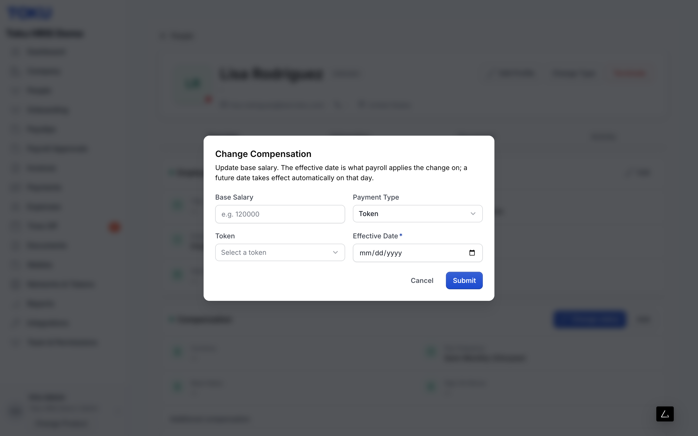 Change Compensation in Token mode with the Token selector closed. The available options are documented in the reference note below.
