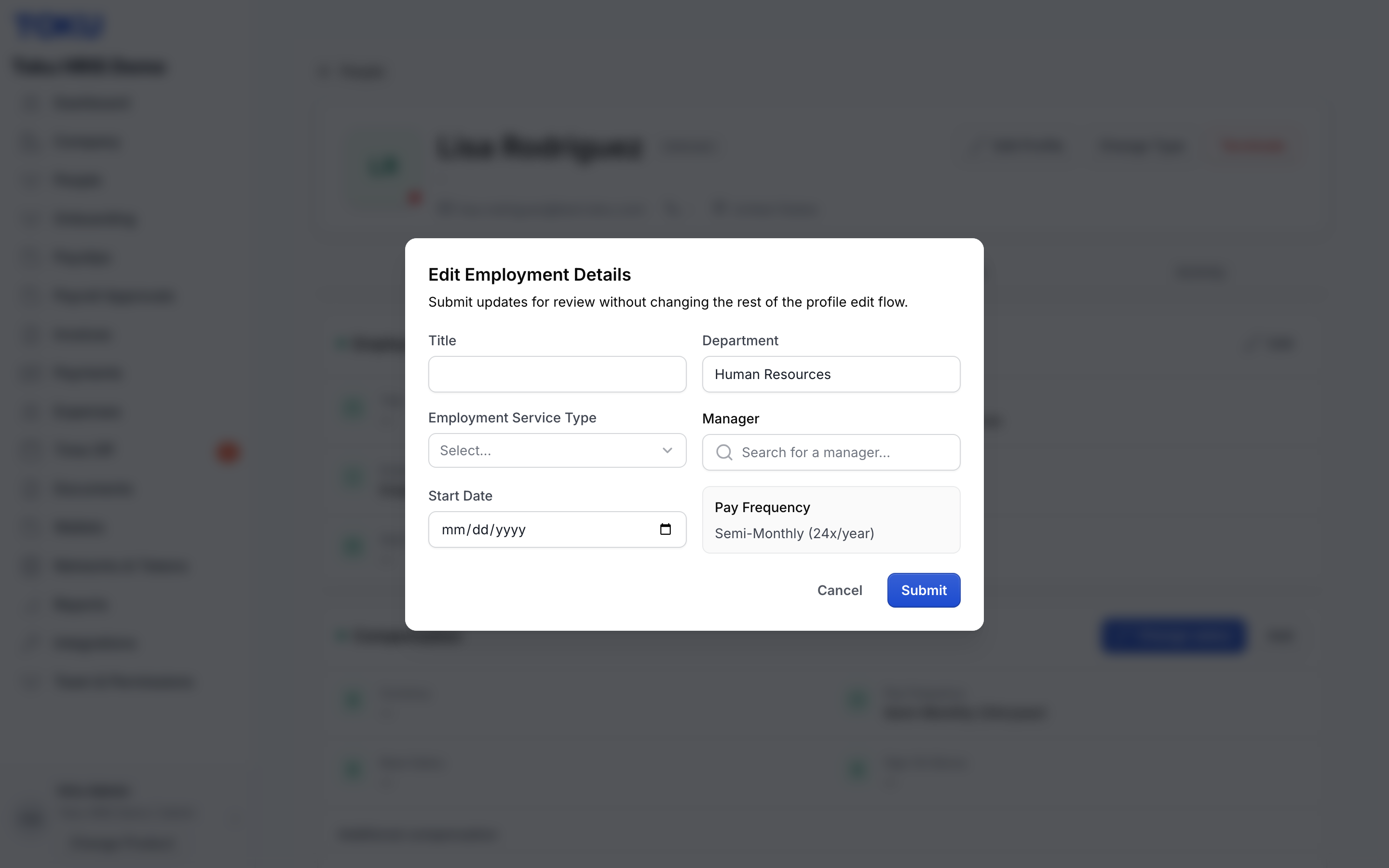 The employee Edit Employment Details window has no End Date field; employees use the termination flow instead.