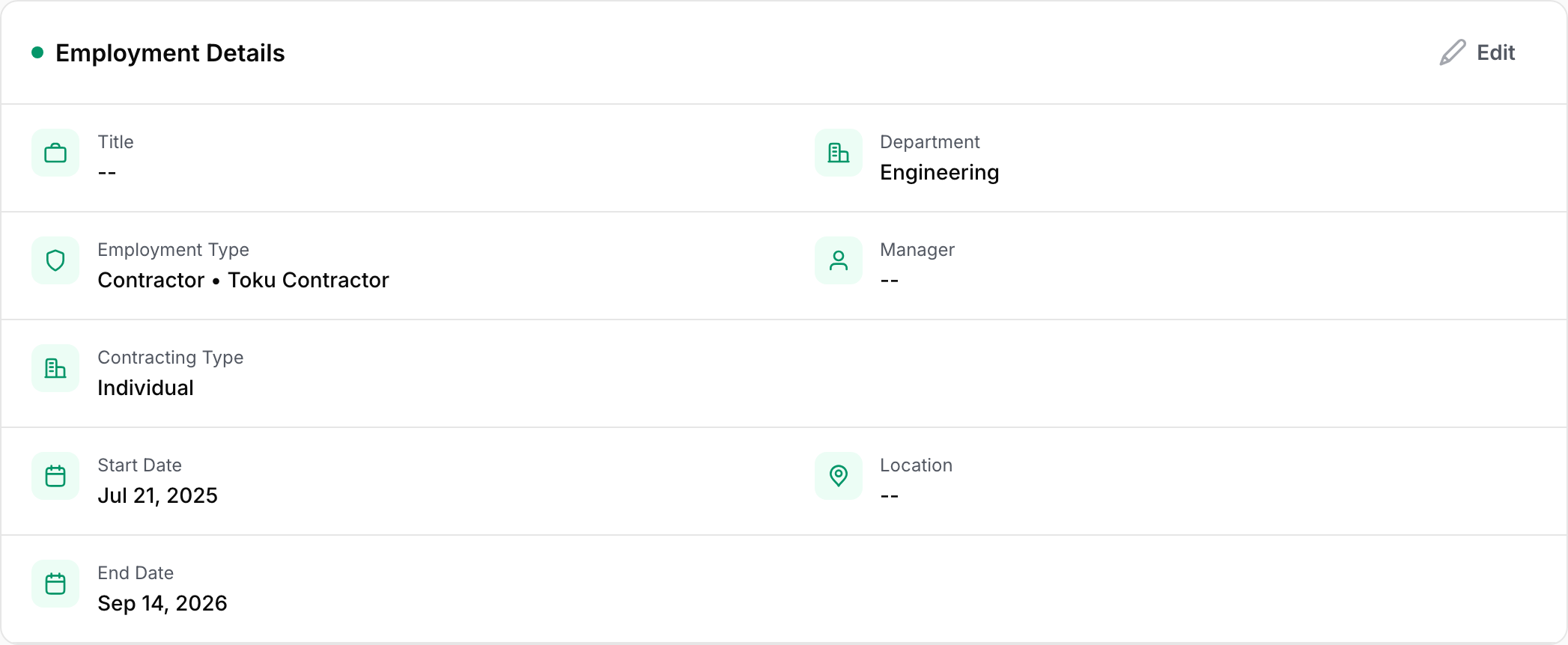 The contractor’s Employment Details card shows the contract End Date.